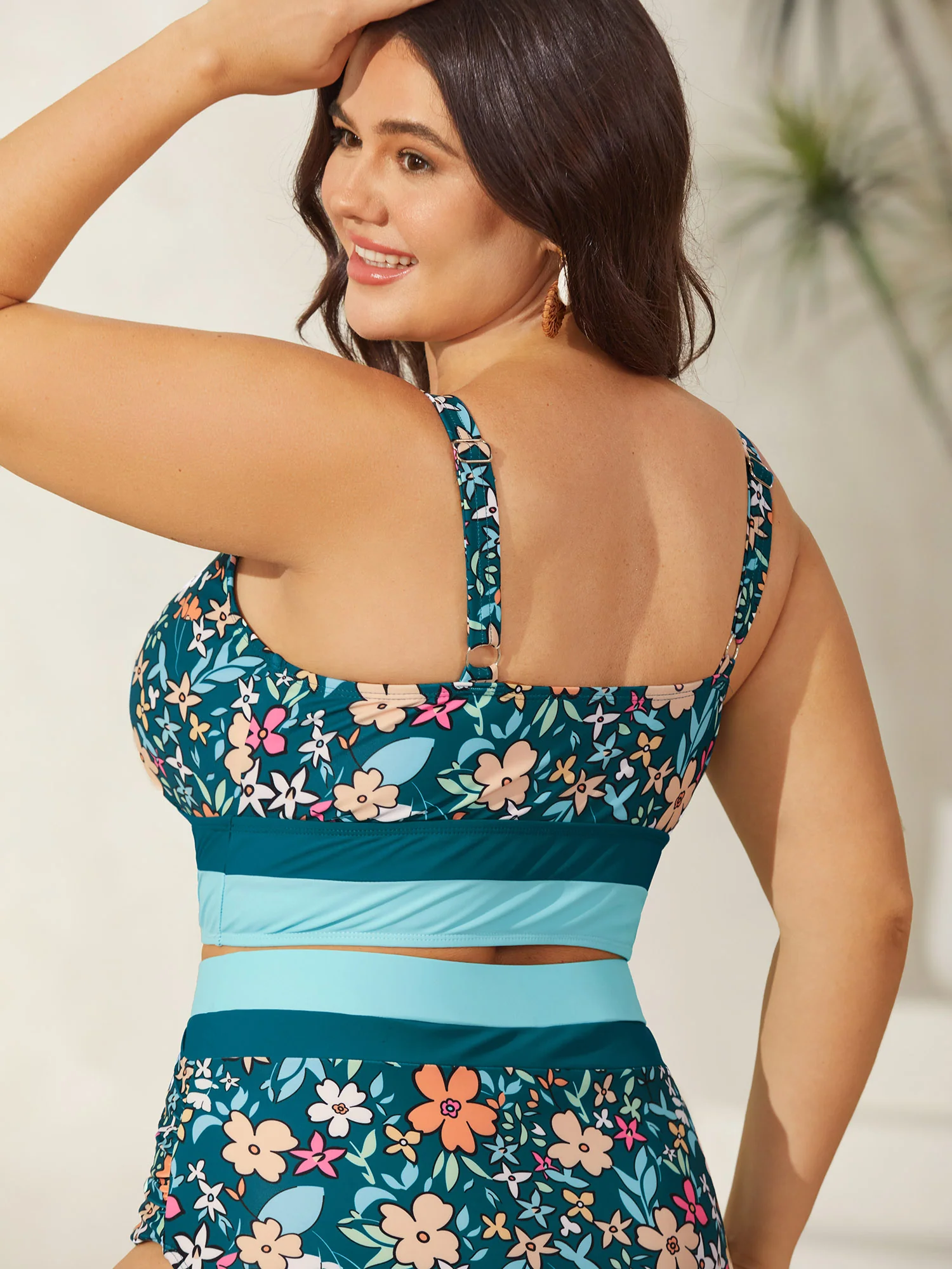 Floral Print Color Contrast Swim Top - Image 3