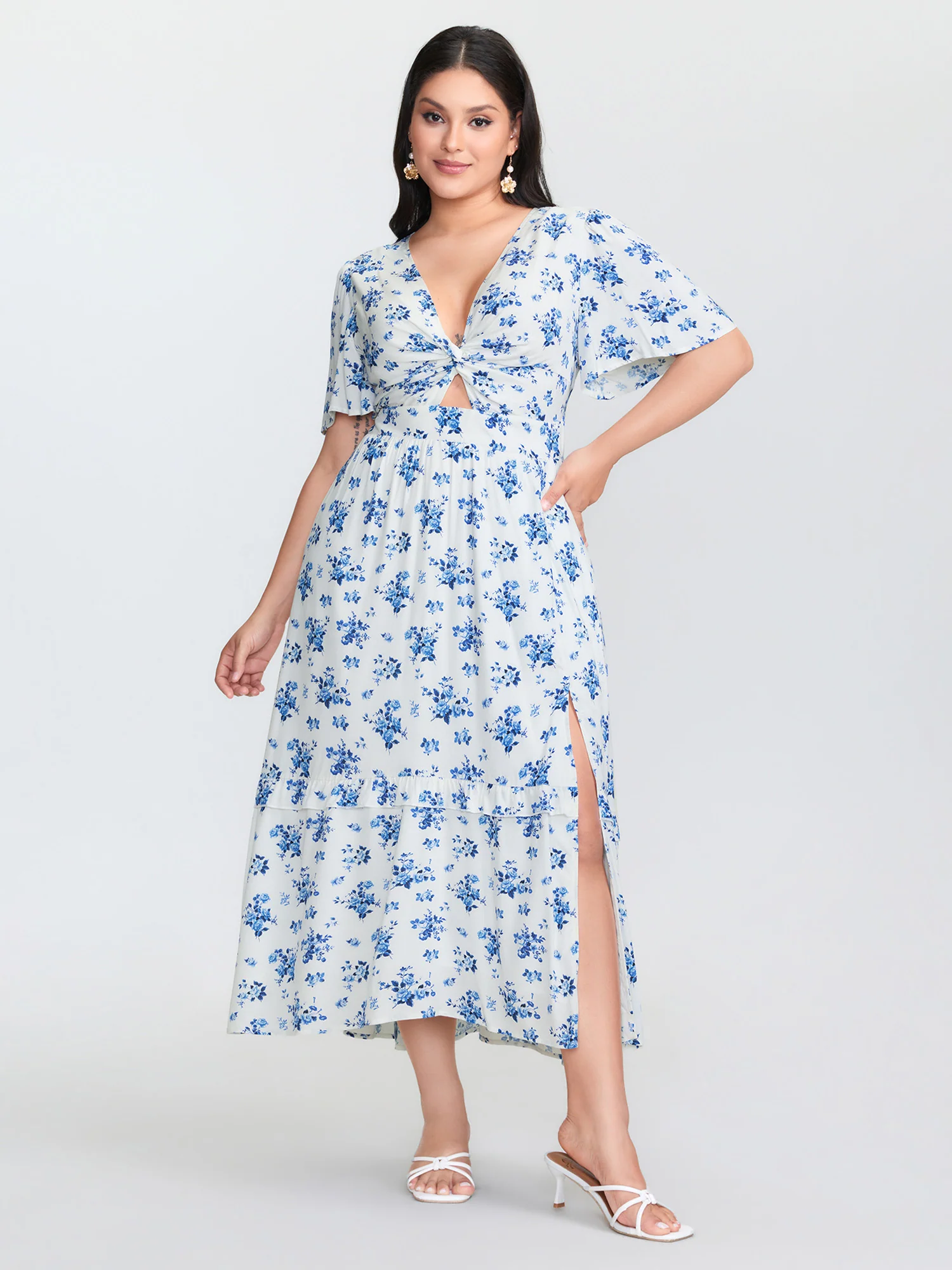 Floral Print Cut-Out Twisted Midi Dress