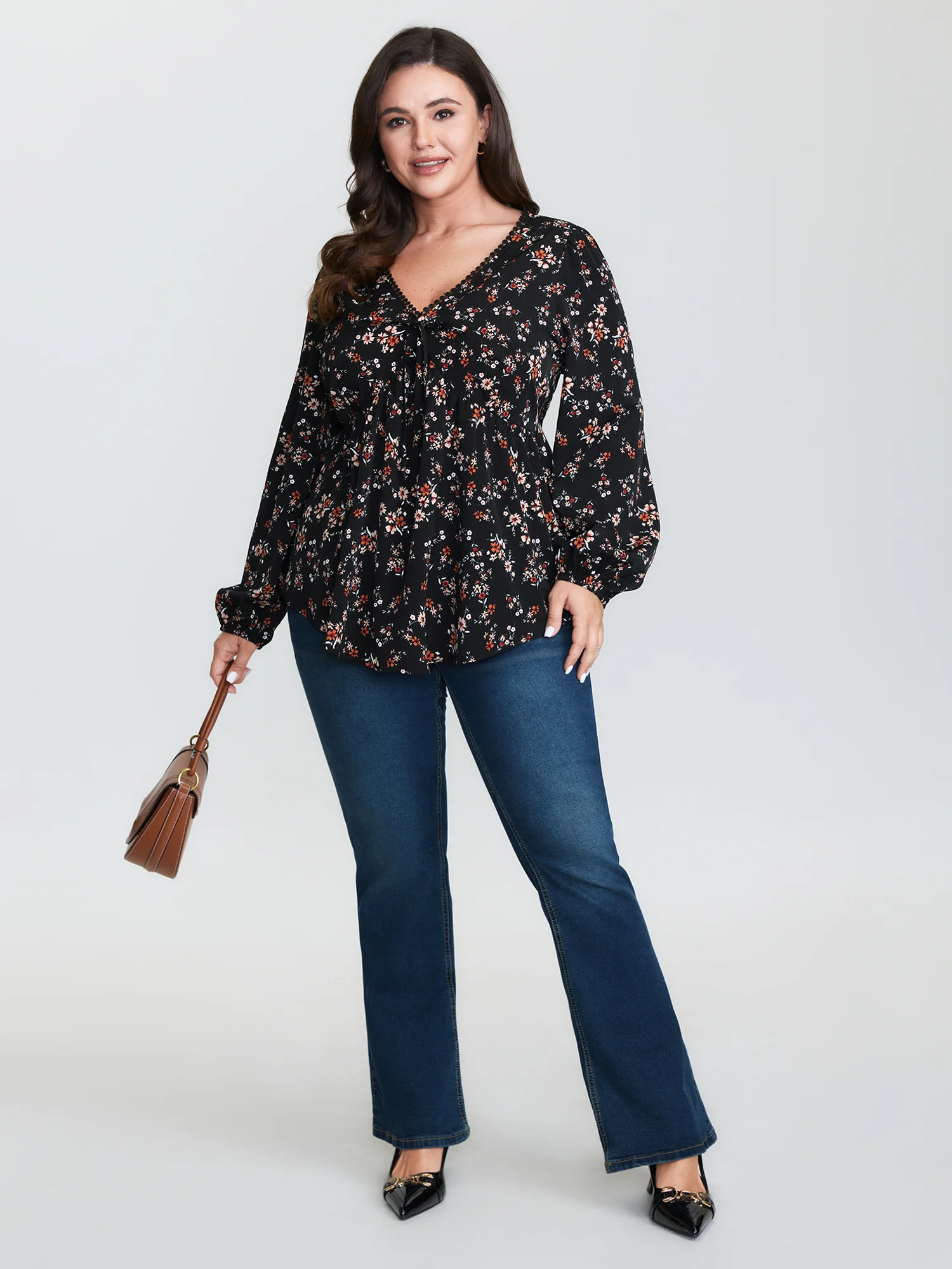 Floral Print Lace Cinched-Flared Blouse - Image 3