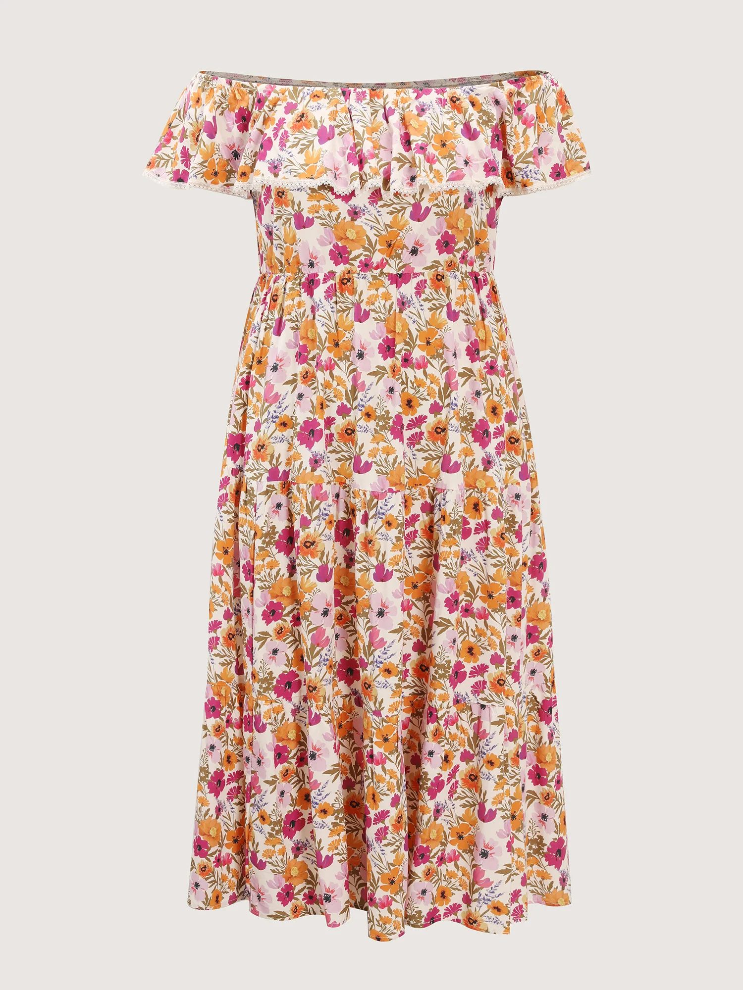 Floral Print Off-Shoulder Stretchy Waist Maxi Dress - Image 7