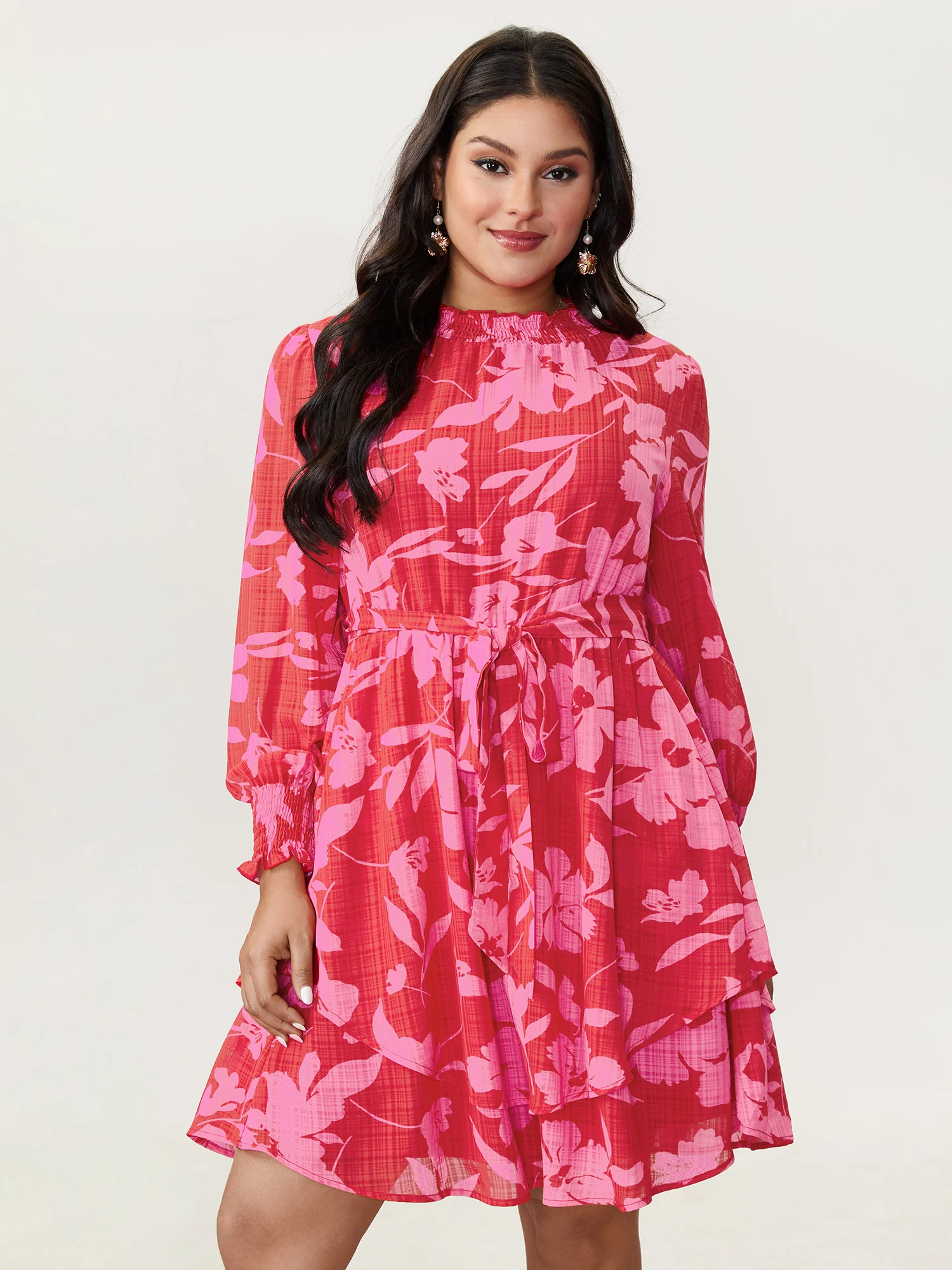 Floral Print Pleated Waist Mock Neck Mini Dress - Image 2