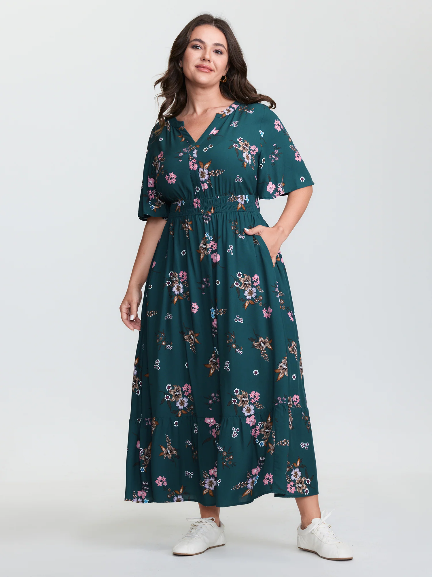 Floral Print Pockets Notched Collar Maxi Dress - Image 3
