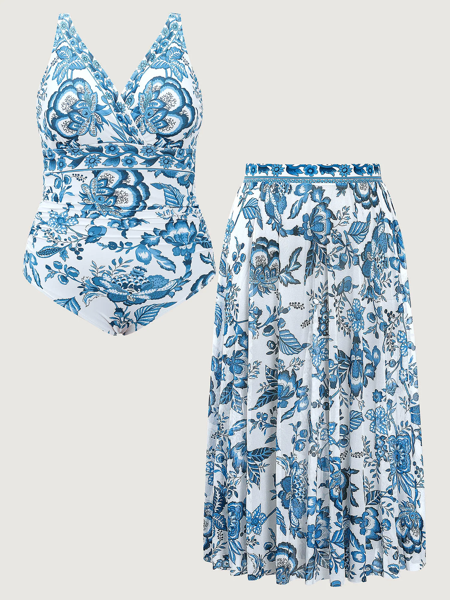 Two-Piece Floral Print Ruched Mesh Swimsuit, Sarong - Image 33