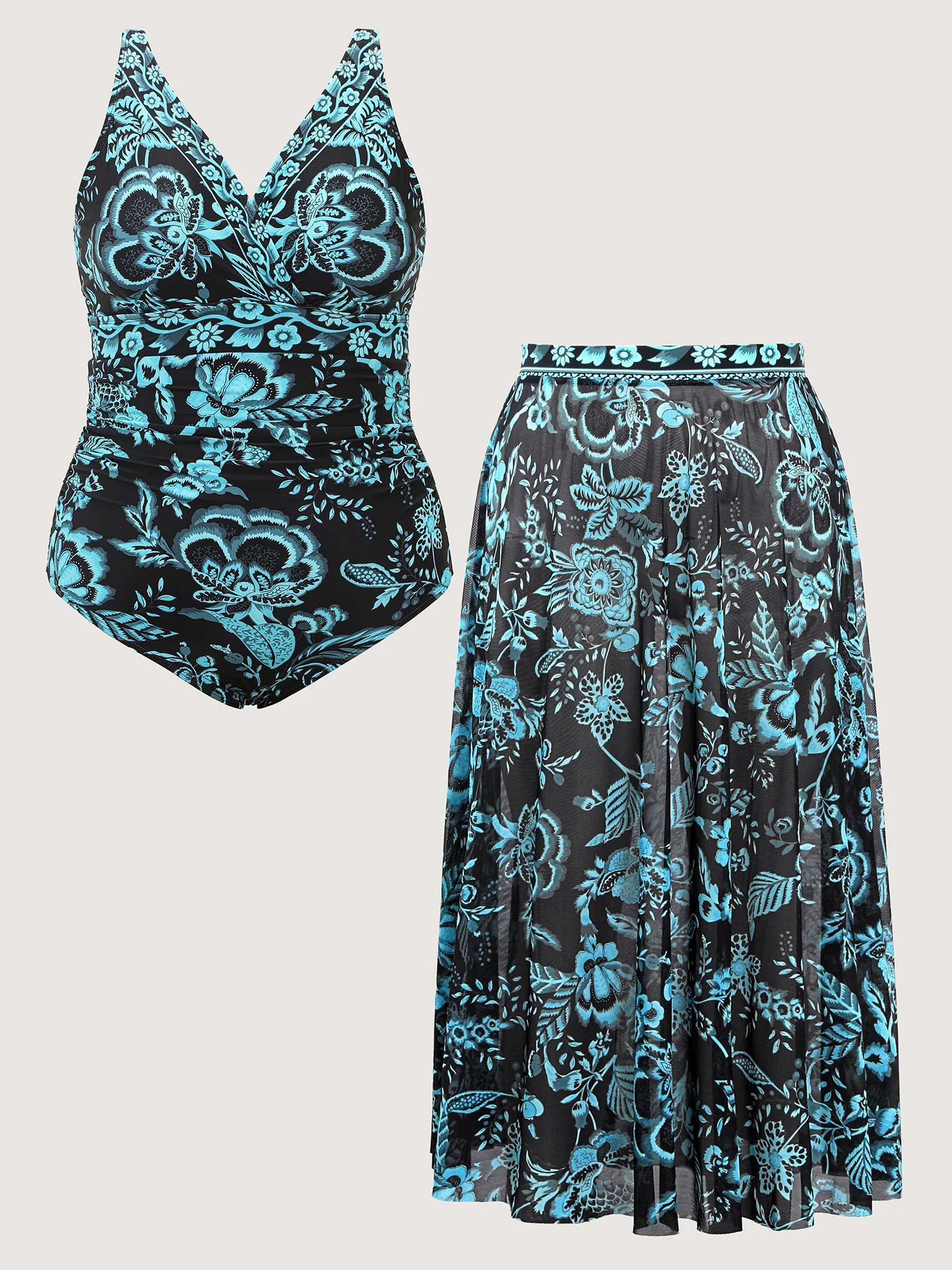 Two-Piece Floral Print Ruched Mesh Swimsuit, Sarong - Image 5