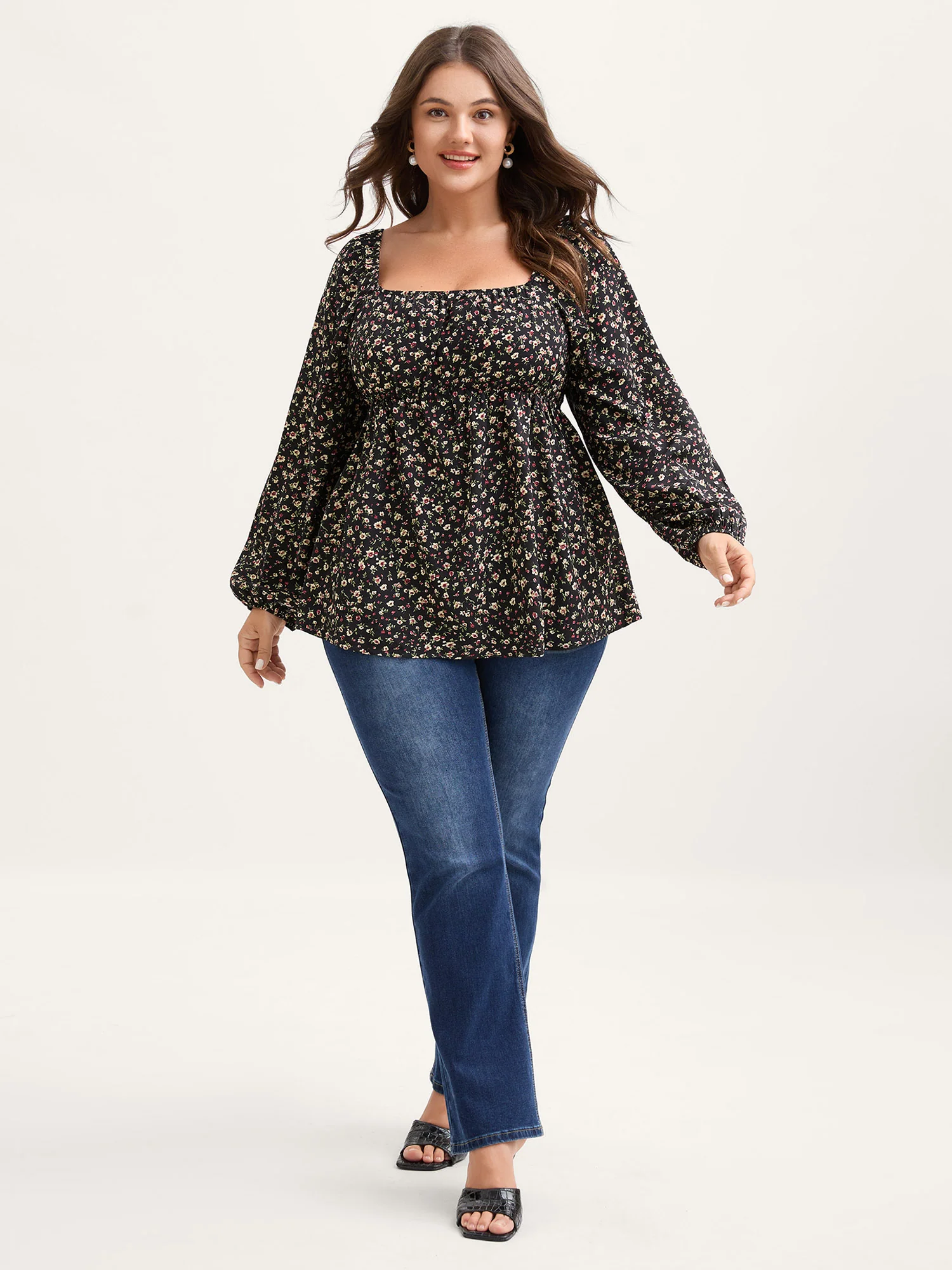 Floral Print Shirred Bodice Puff Sleeve Blouse - Image 3