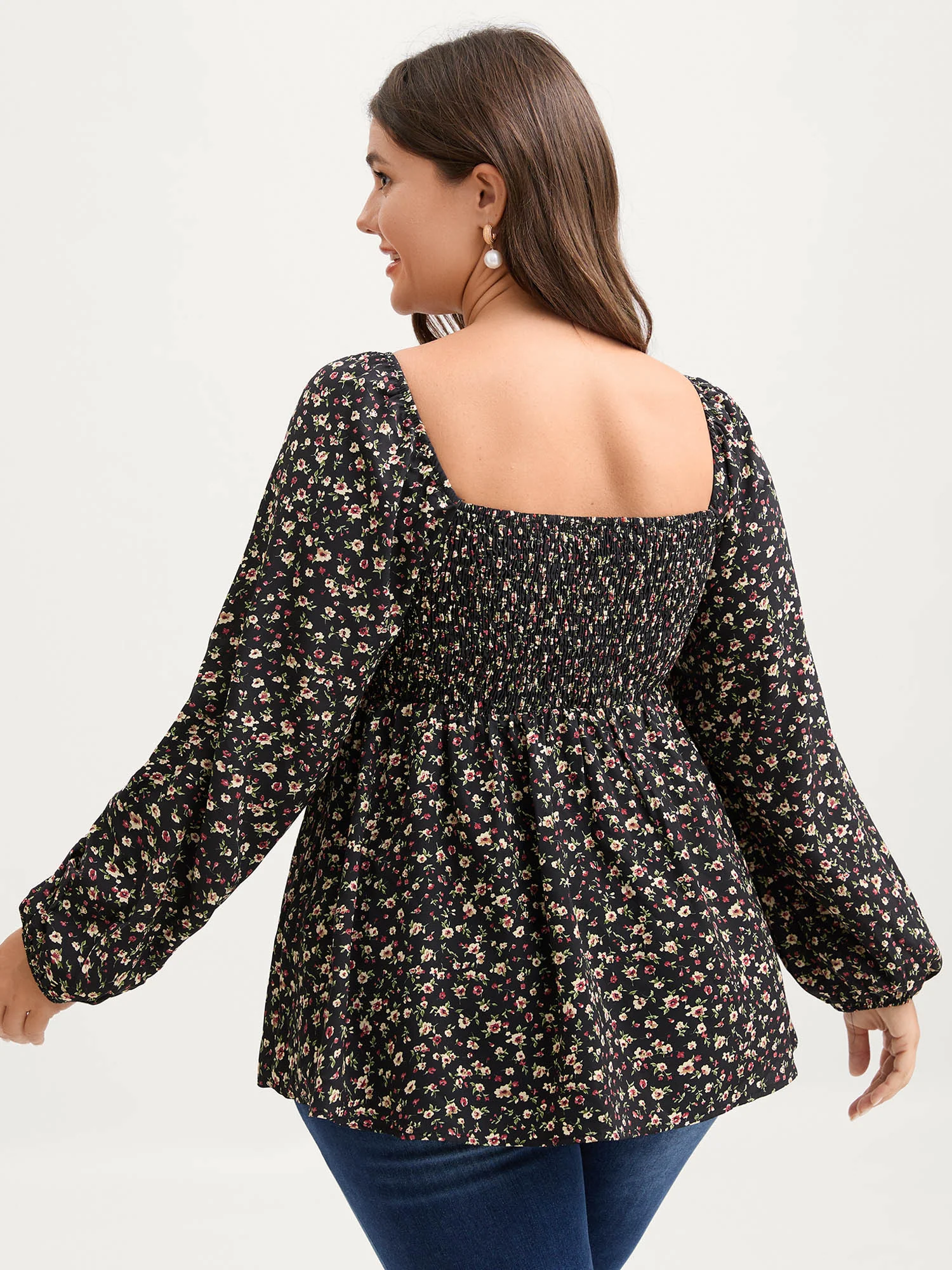 Floral Print Shirred Bodice Puff Sleeve Blouse - Image 4