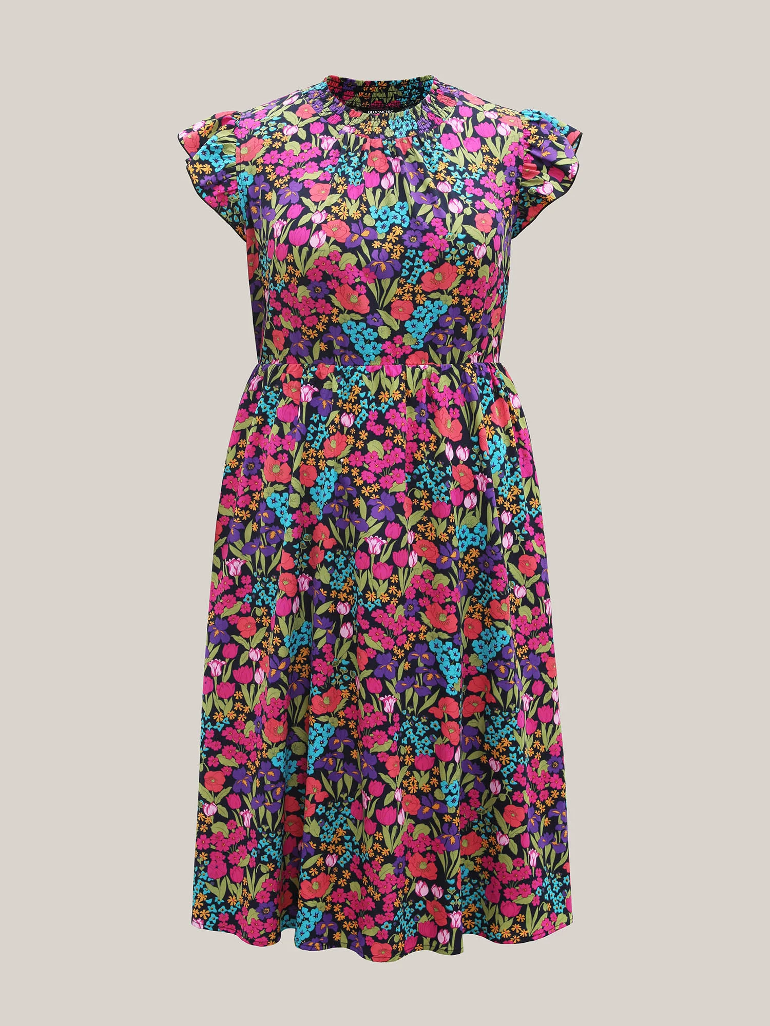 Floral Print Shirred Pockets Midi Dress - Image 11