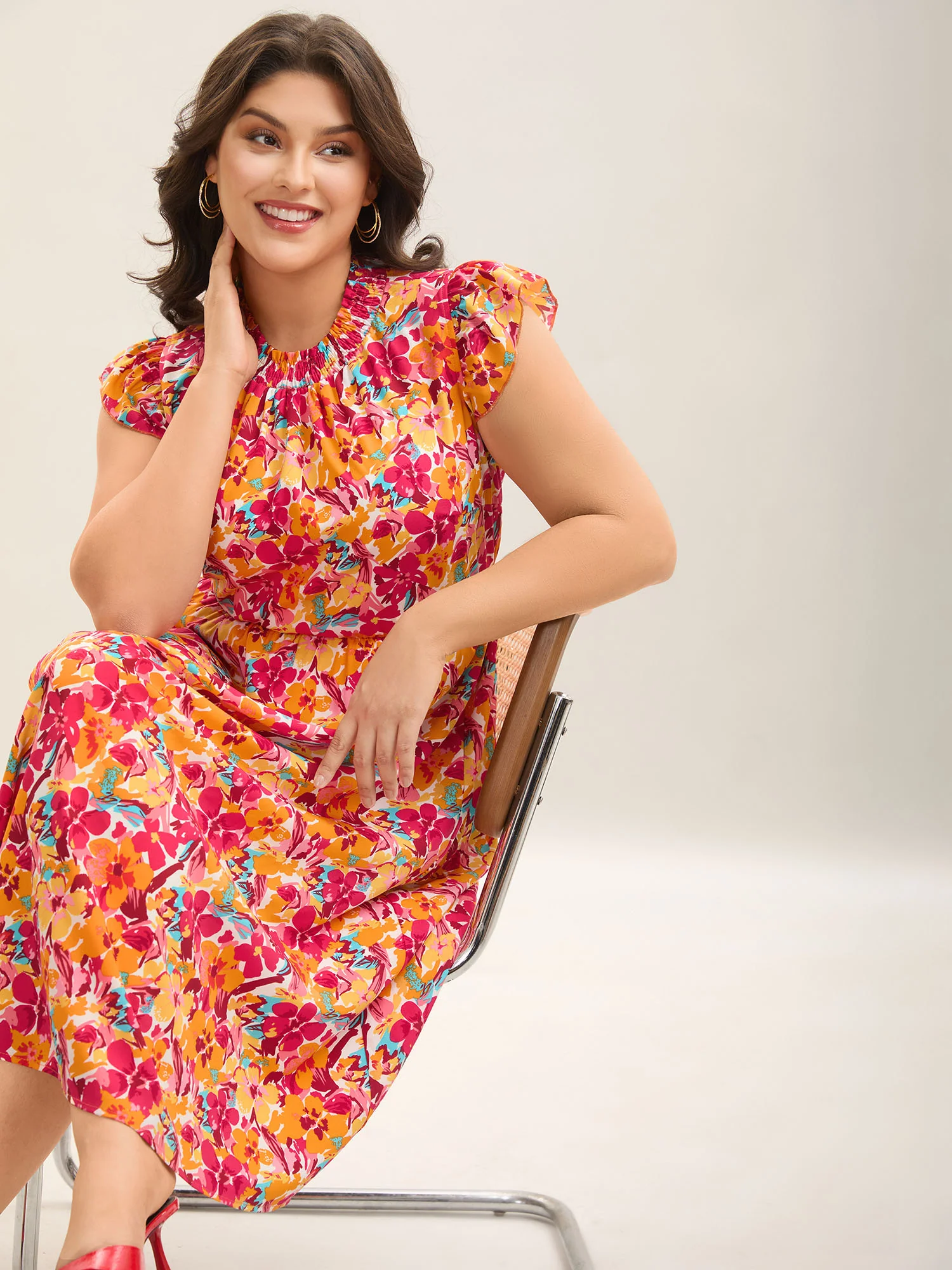 Floral Print Shirred Pockets Midi Dress - Image 12