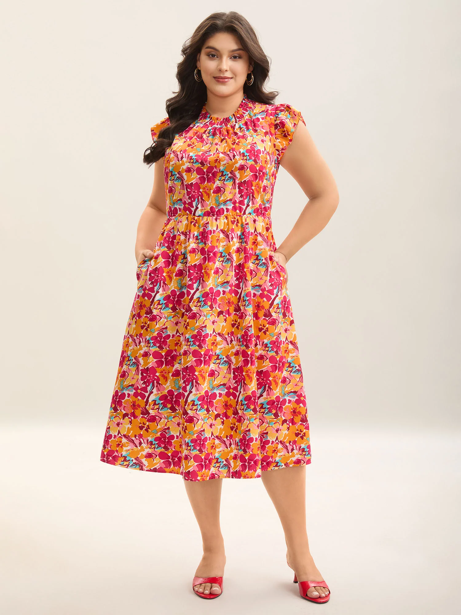 Floral Print Shirred Pockets Midi Dress - Image 14