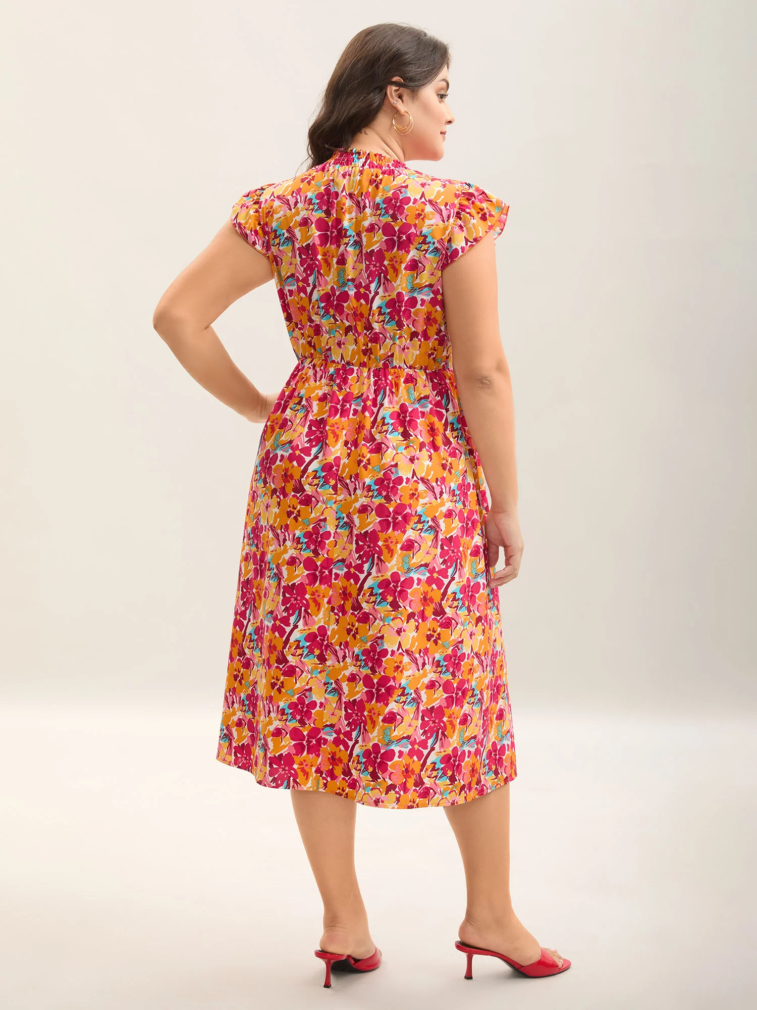 Floral Print Shirred Pockets Midi Dress - Image 15