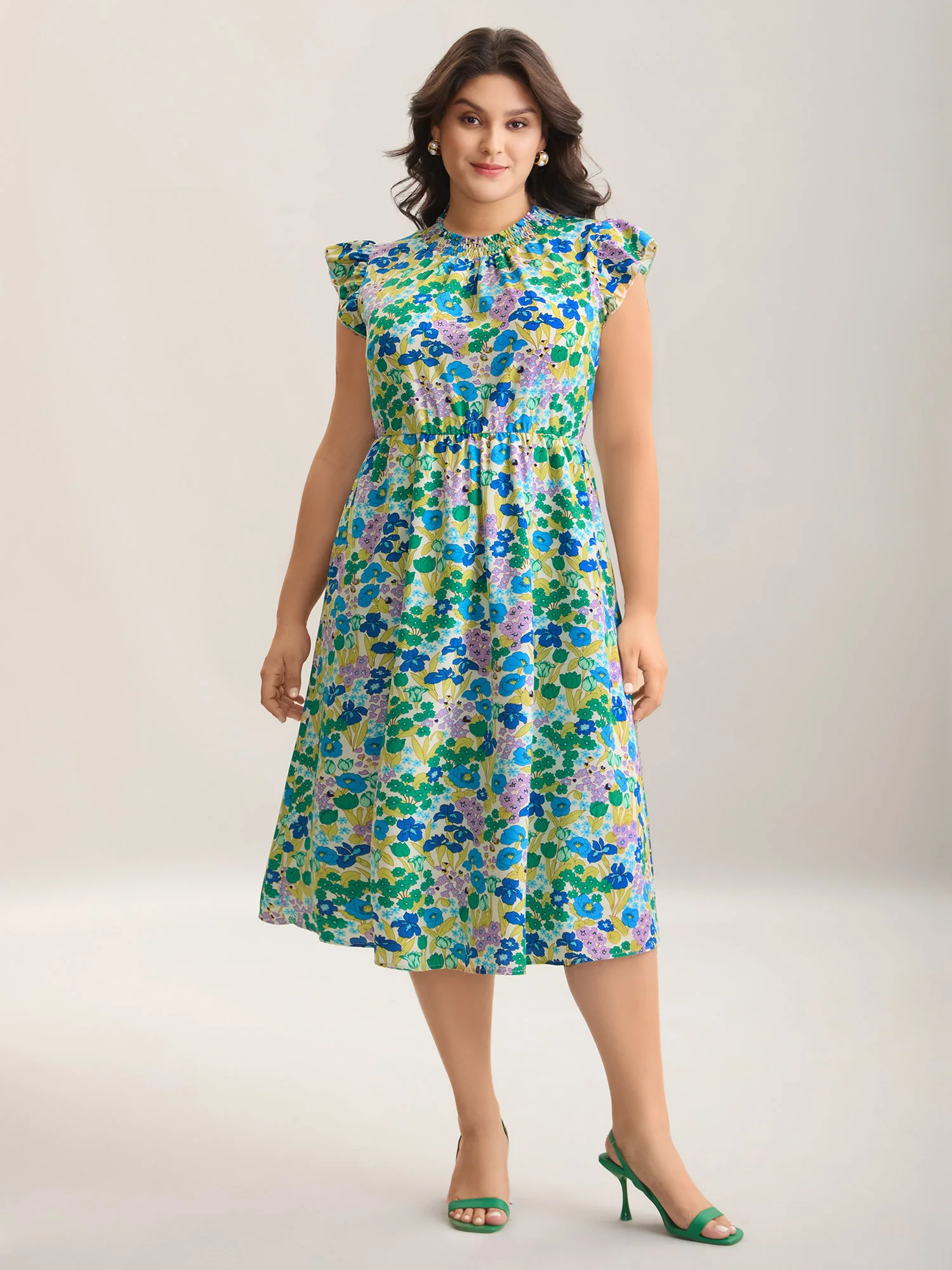 Floral Print Shirred Pockets Midi Dress - Image 3