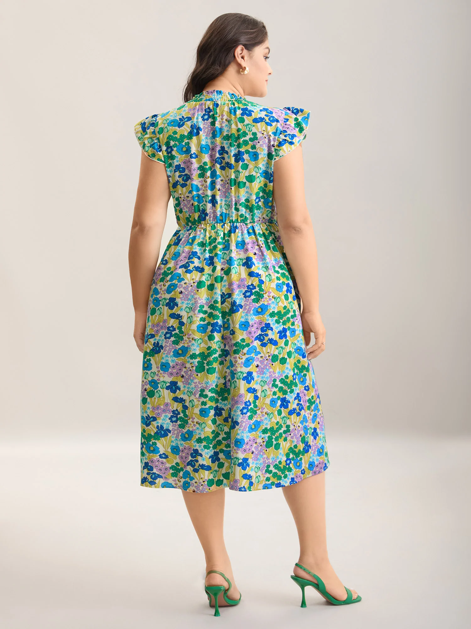 Floral Print Shirred Pockets Midi Dress - Image 4