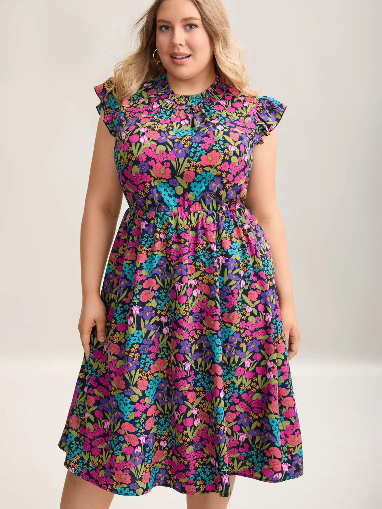 Floral Print Shirred Pockets Midi Dress - Image 5