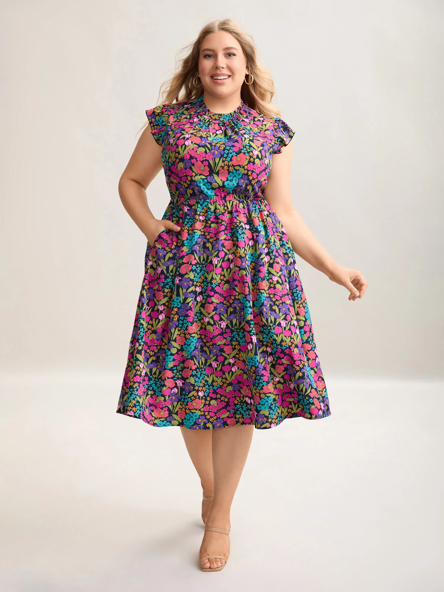 Floral Print Shirred Pockets Midi Dress - Image 7