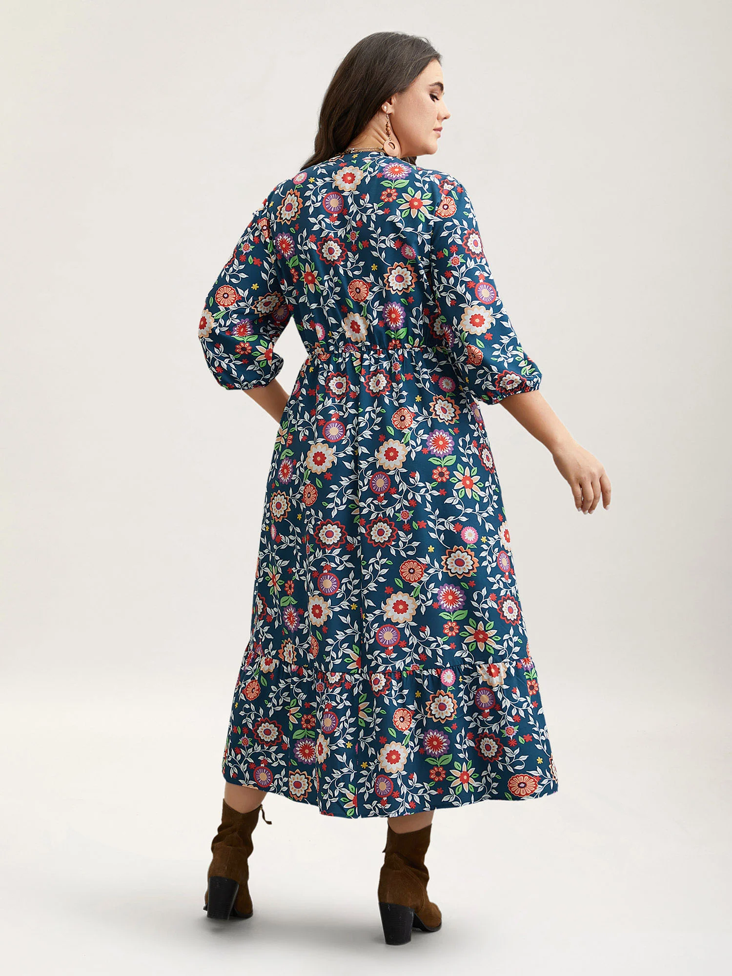 Floral Print Stretchy-Waist Pockets Midi Dress - Image 5
