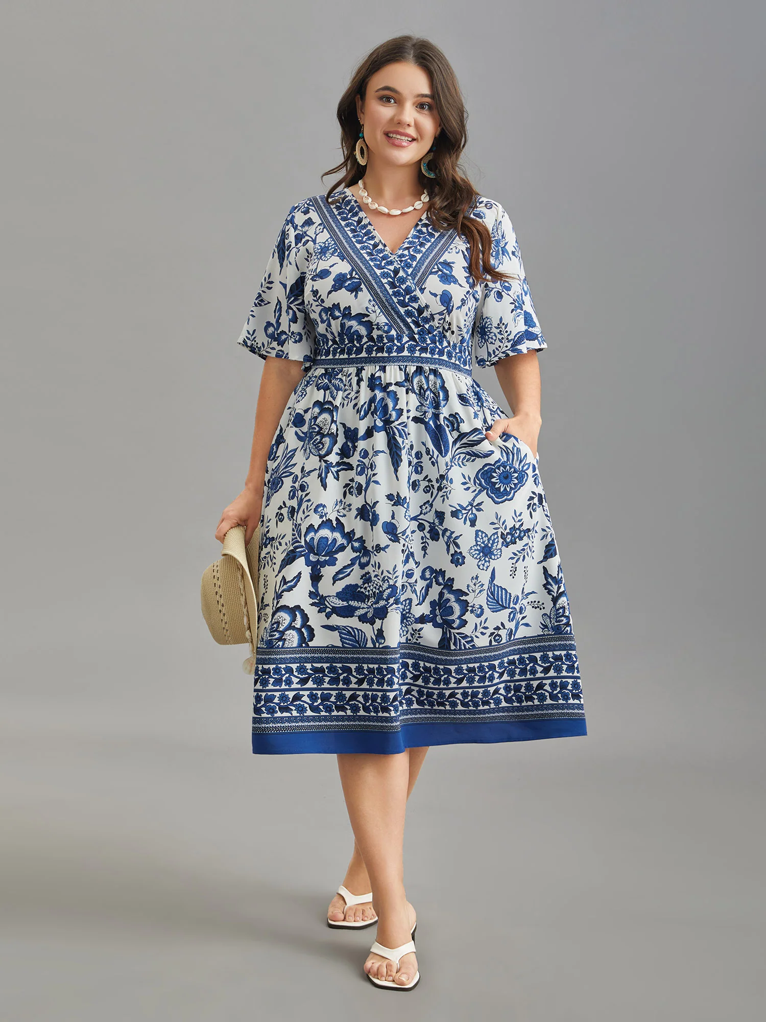 Floral Print Wrap-Neck Pocket Midi Dress - Image 3
