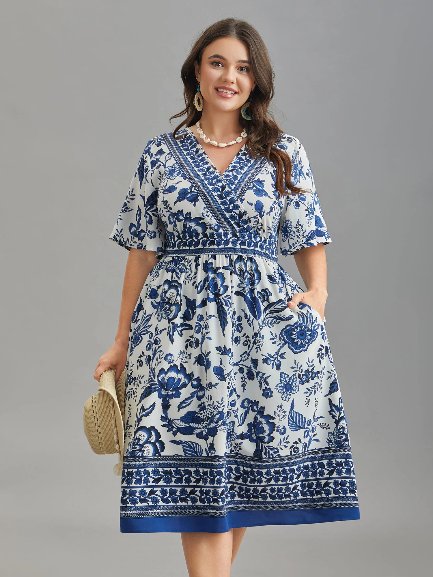 Floral Print Wrap-Neck Pocket Midi Dress - Image 4