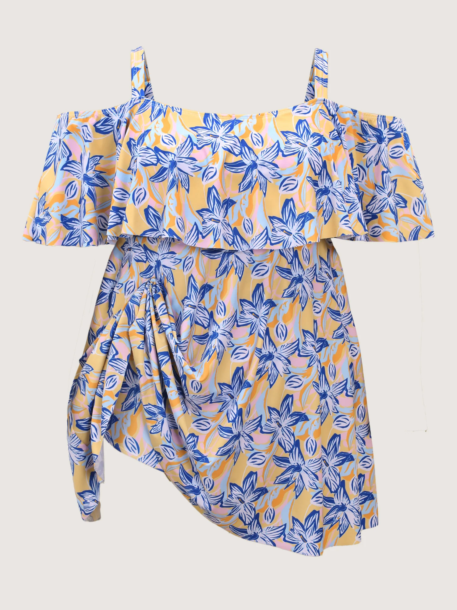 Floral Ruffle Trim Off Shoulder Pockets Swim Dress - Image 8