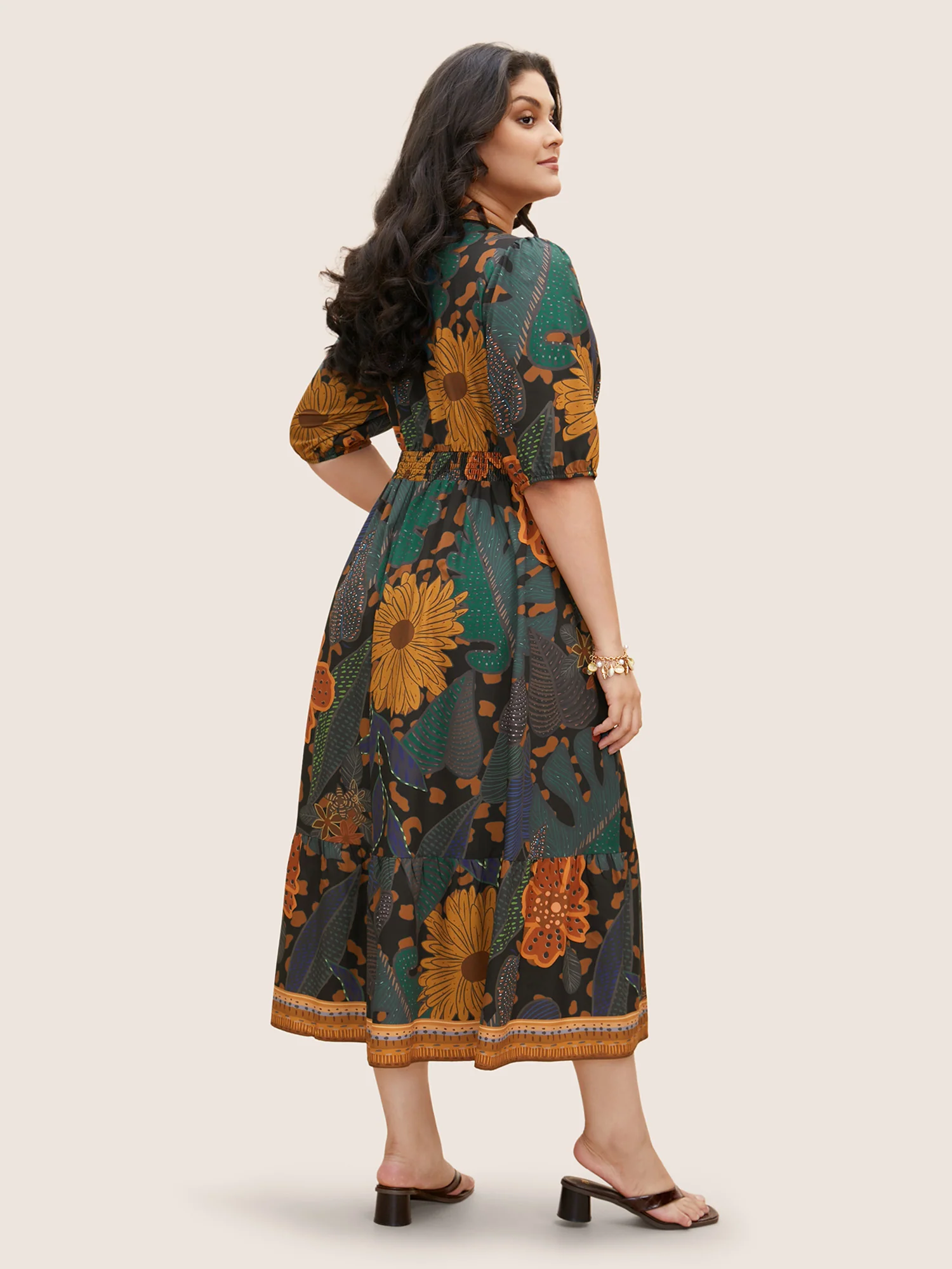 Floral Shirred Lantern Sleeve Midi Dress - Image 3