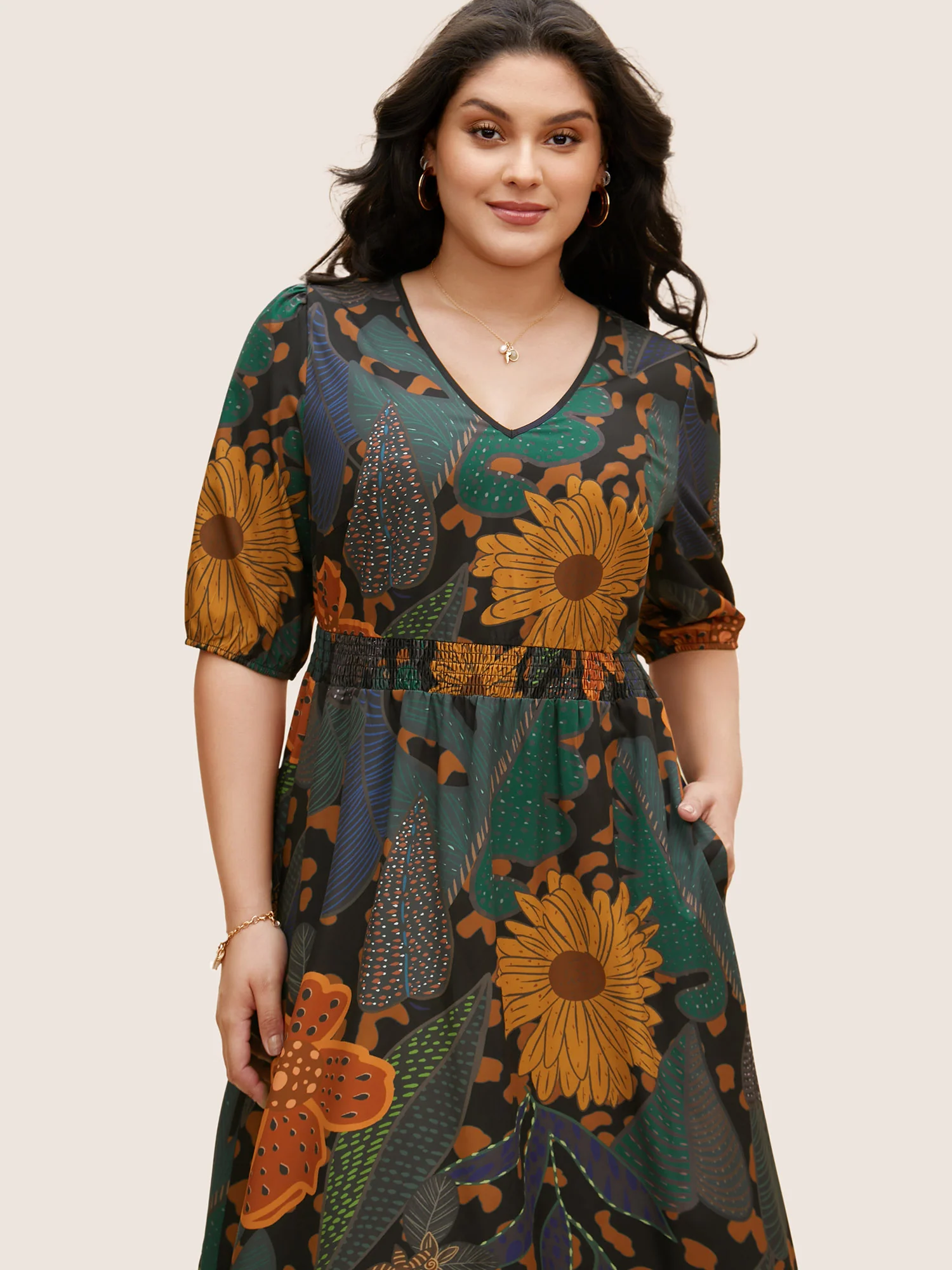 Floral Shirred Lantern Sleeve Midi Dress - Image 4