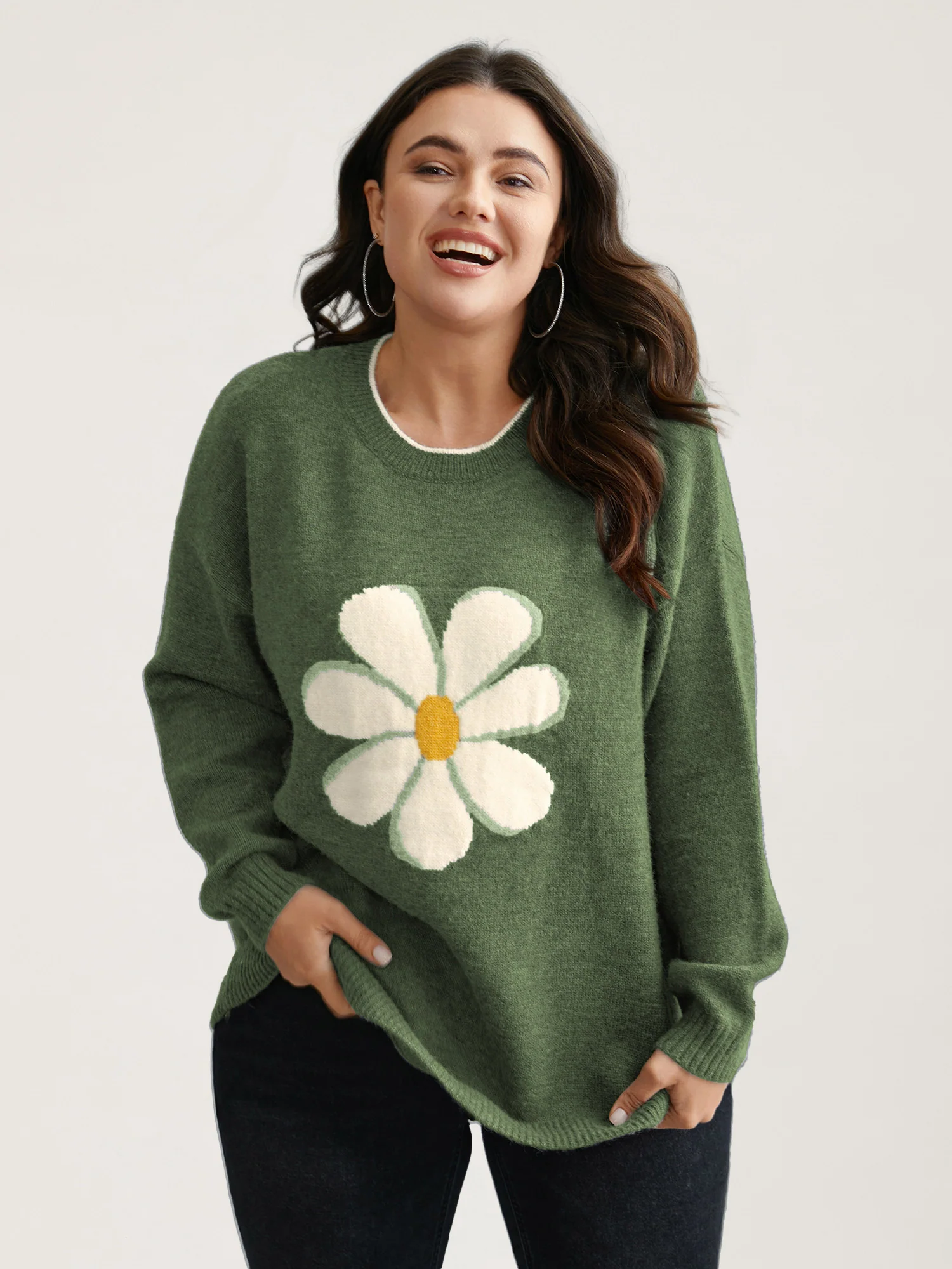 Floral Textured Crew Neck Pullover - Image 3