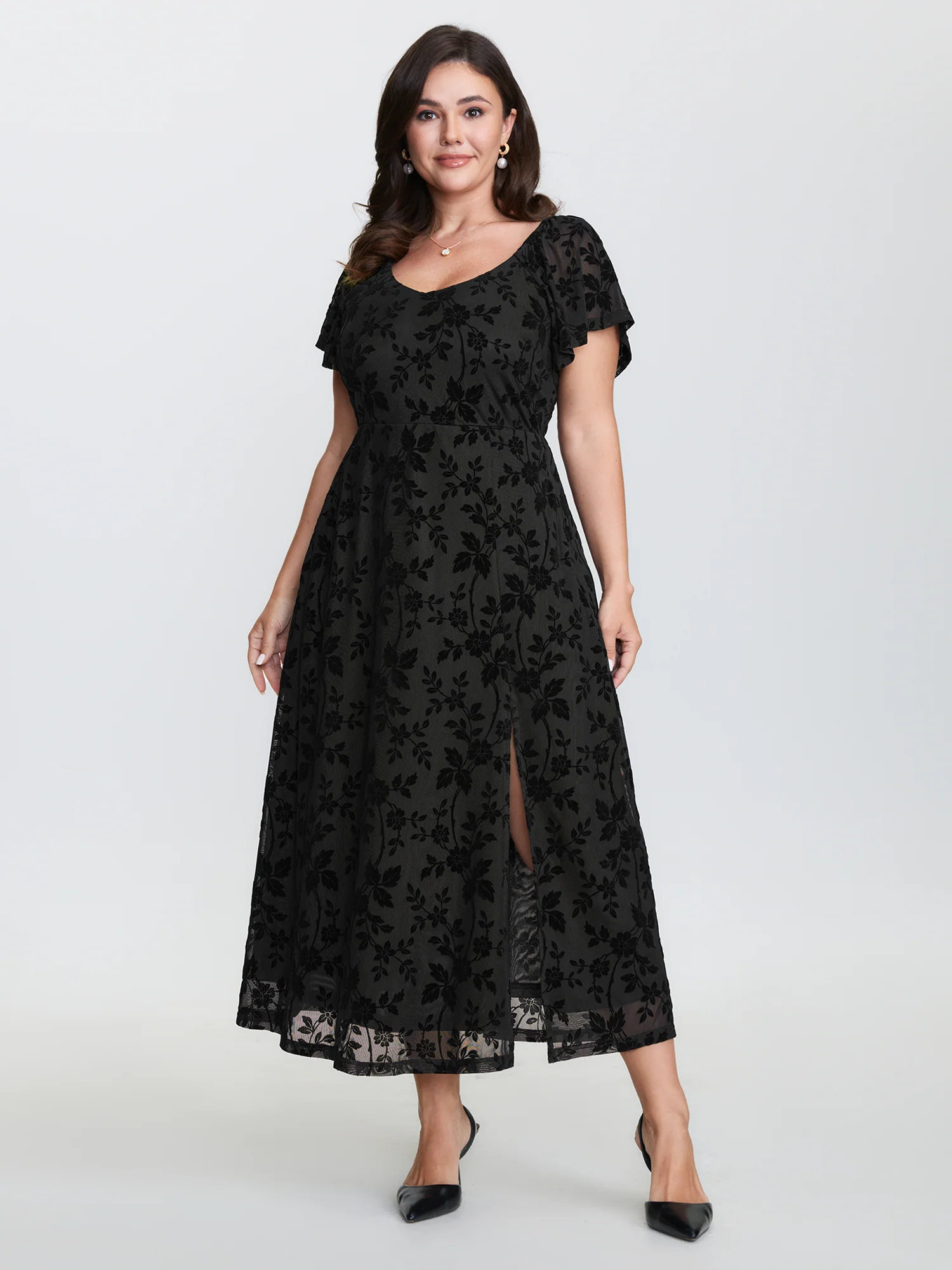Floral Textured Jacquard Slit Hem Maxi Dress - Image 3