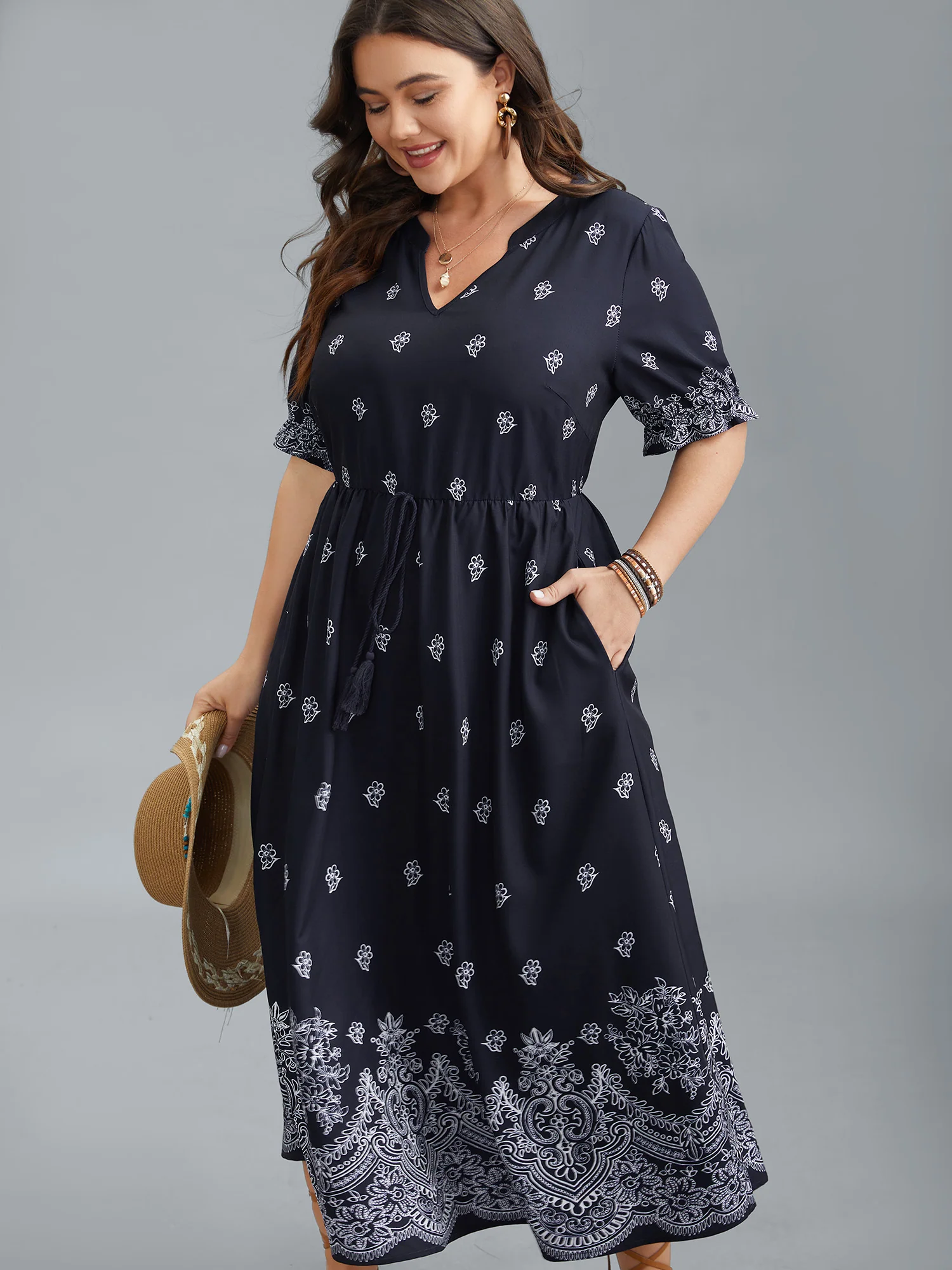 Floral Waist-Tie Notched Collar Midi Dress - Image 3