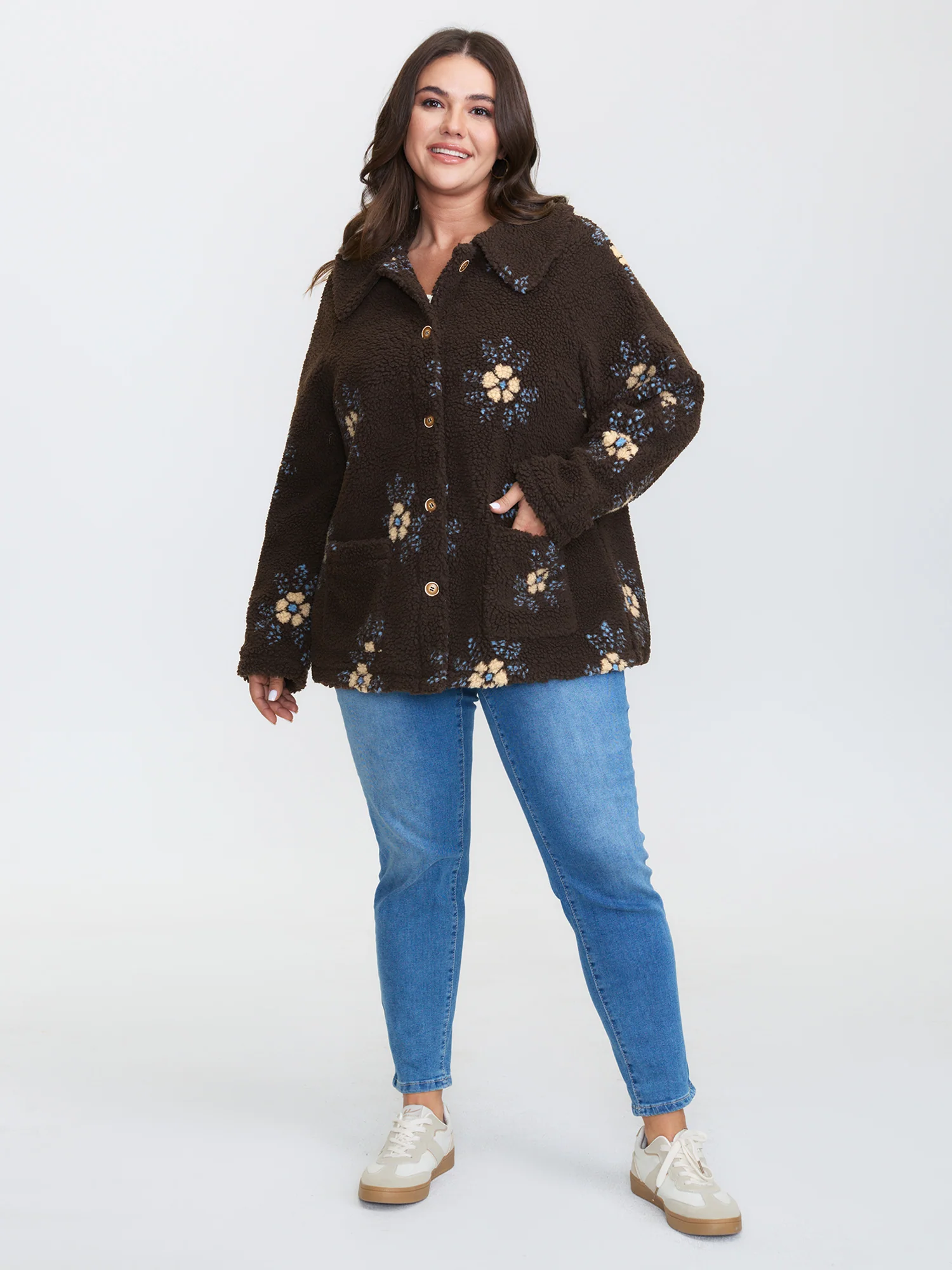 Fluffy Floral Pattern Pocket Coat - Image 3