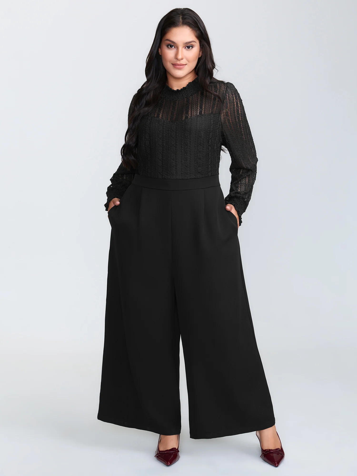 Geometric Lace Trim Sheer Wide-Leg Jumpsuit