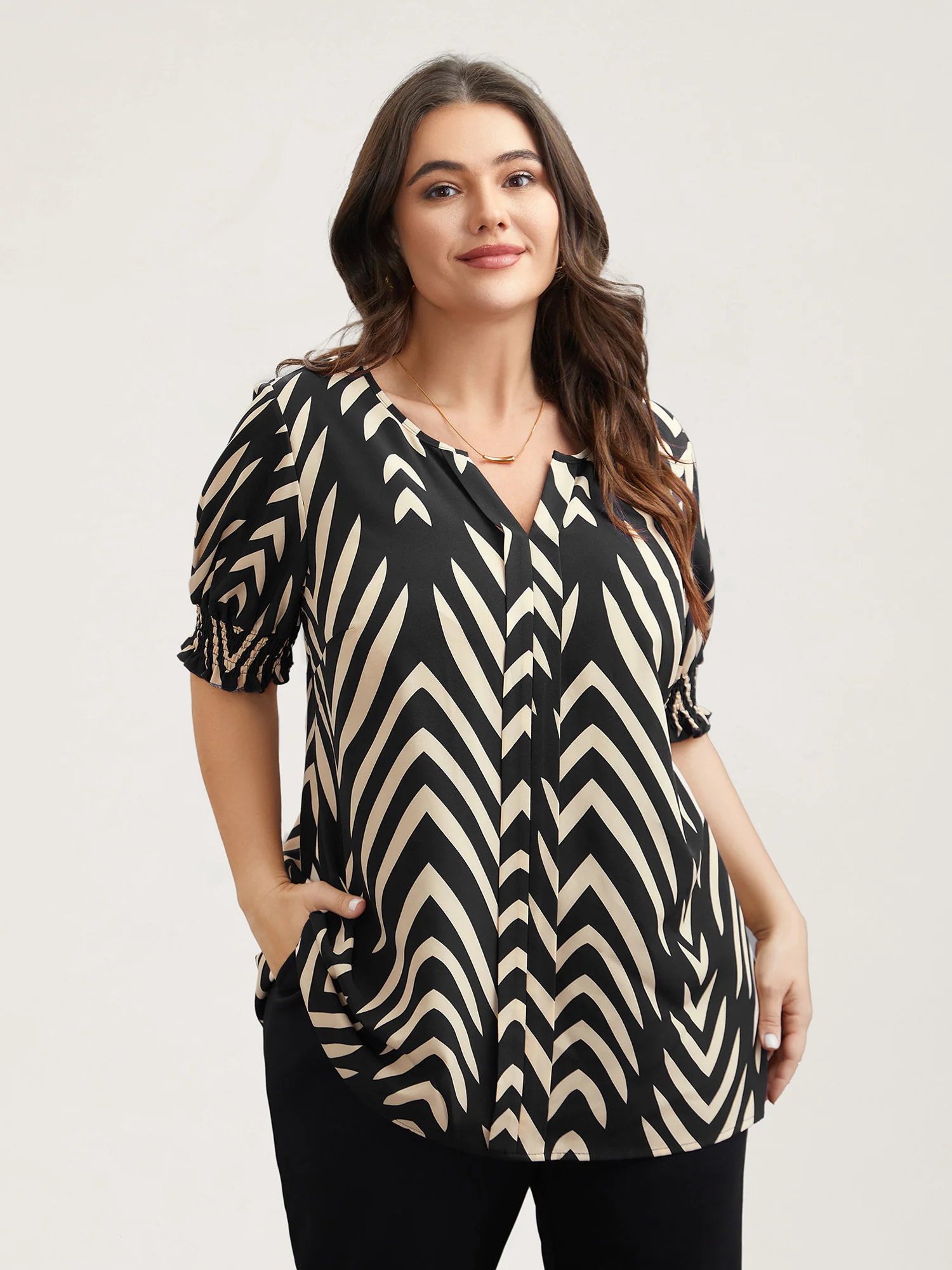 Geometric Print Ruffled Shirred Shirt - Image 12