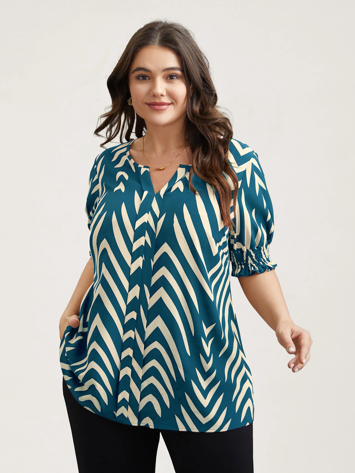 Geometric Print Ruffled Shirred Shirt - Image 14