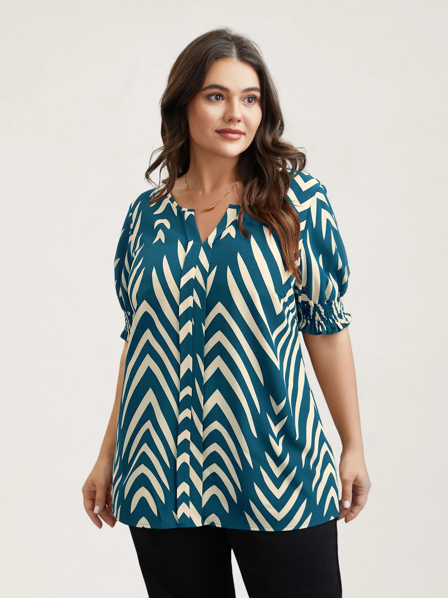 Geometric Print Ruffled Shirred Shirt - Image 16