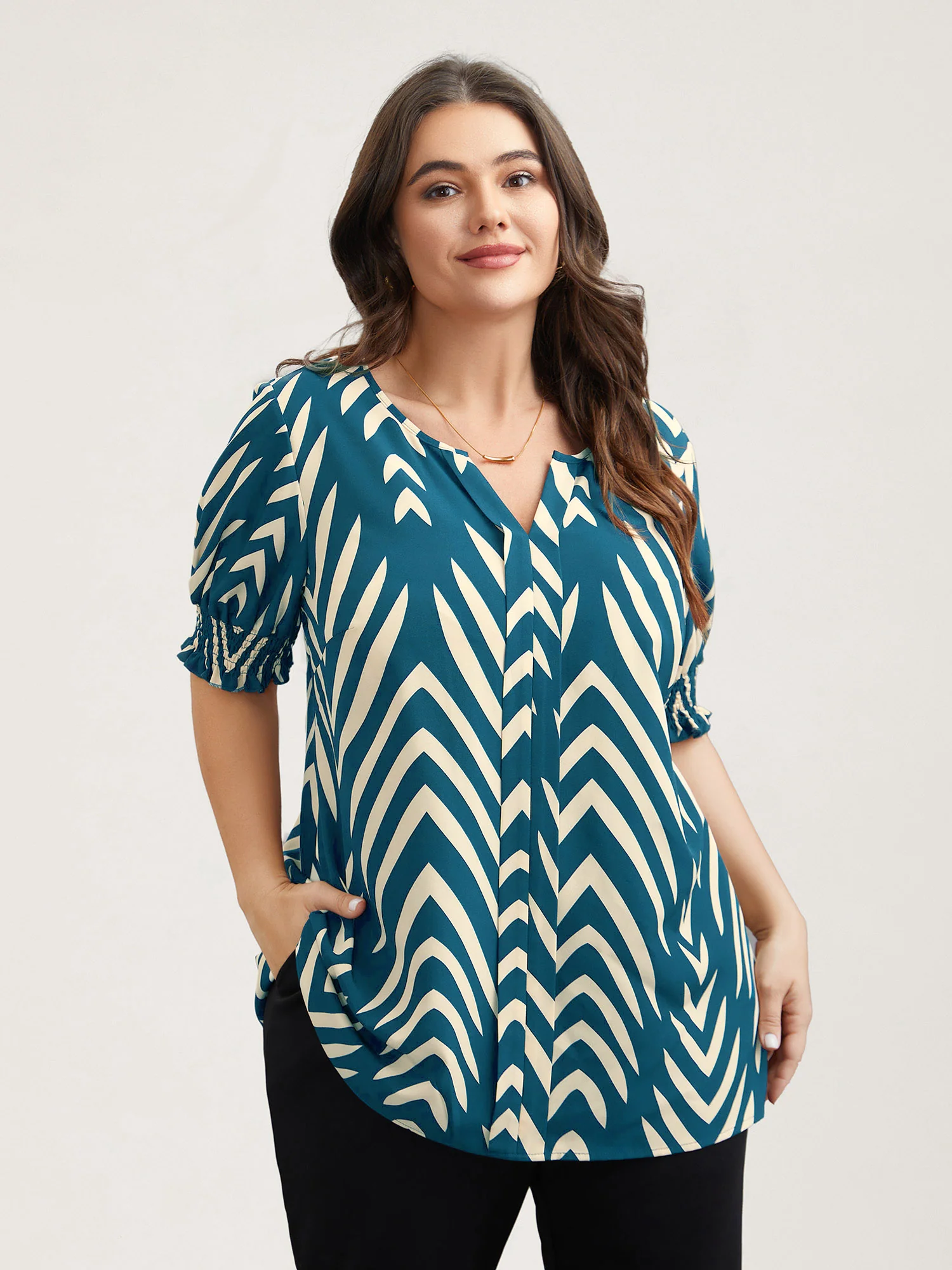 Geometric Print Ruffled Shirred Shirt - Image 17