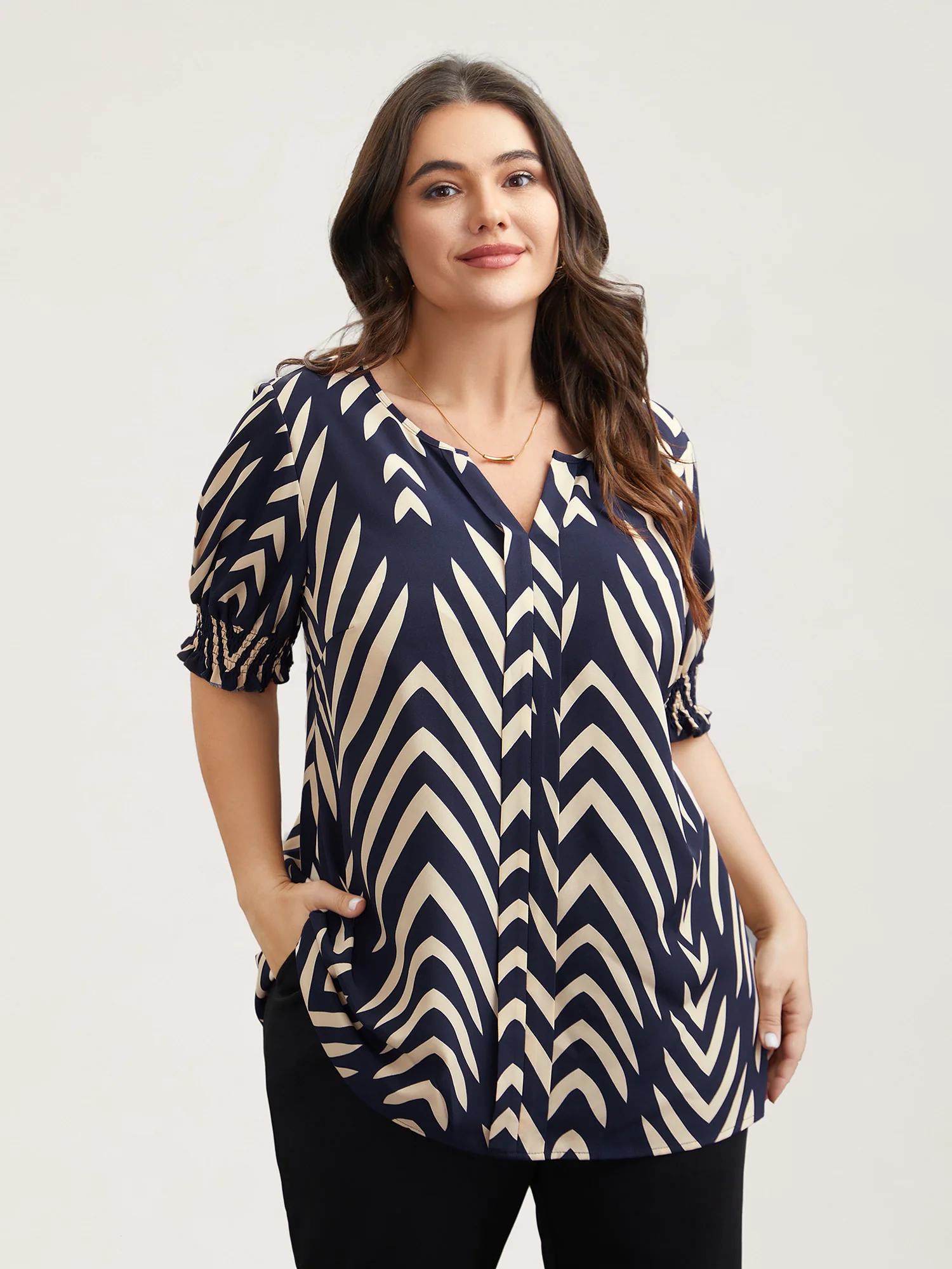 Geometric Print Ruffled Shirred Shirt - Image 4