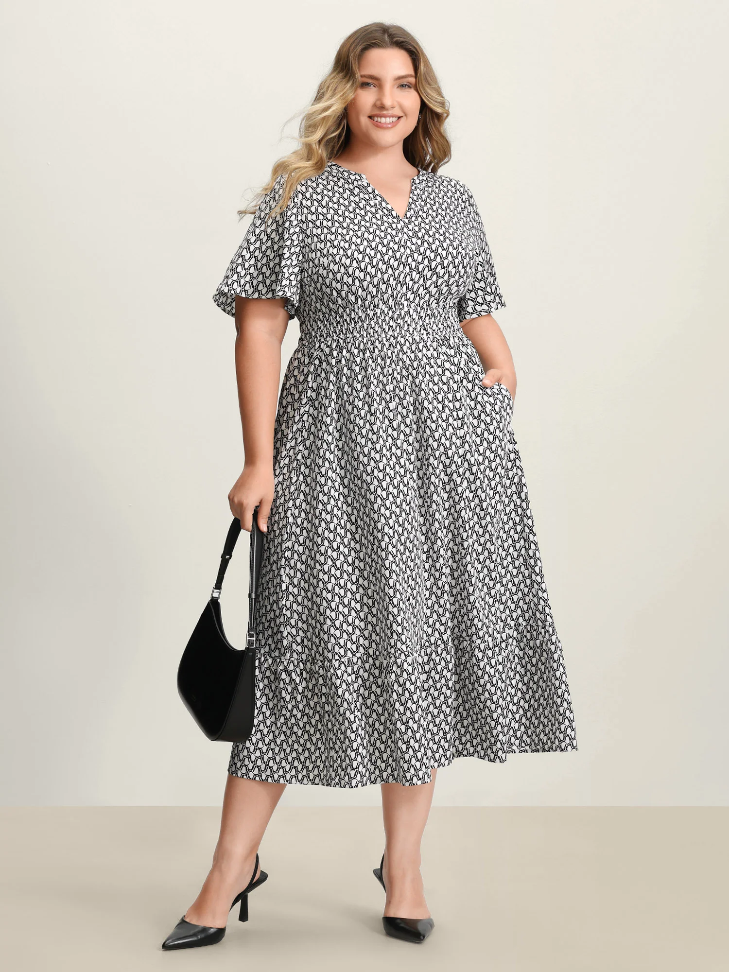 Geometric Print Waist-Cinched Tiered Midi Dress - Image 12