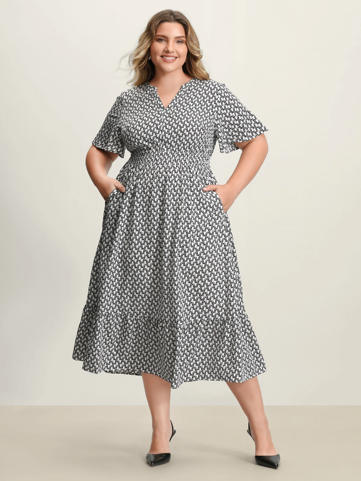 Geometric Print Waist-Cinched Tiered Midi Dress - Image 14