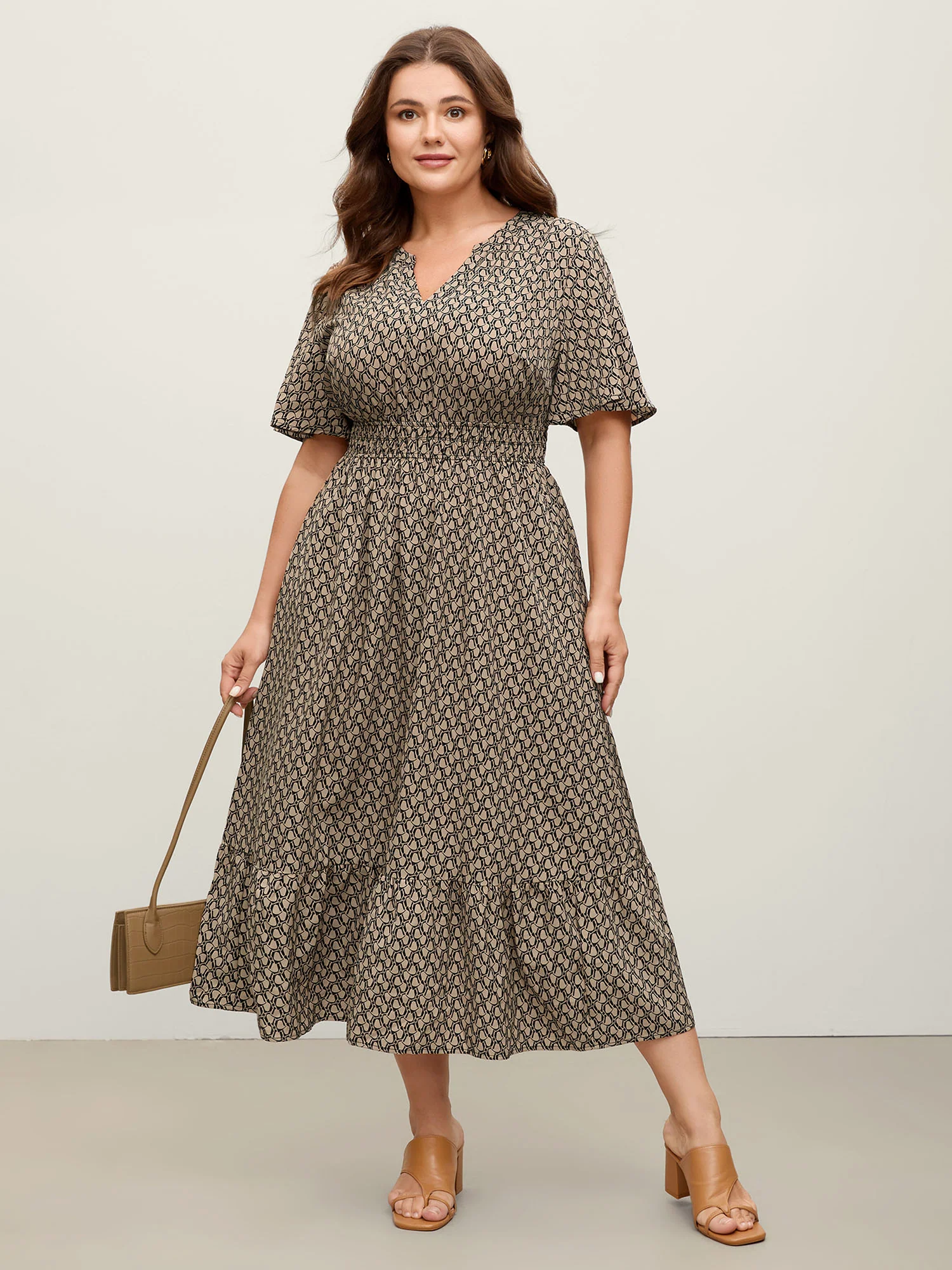 Geometric Print Waist-Cinched Tiered Midi Dress - Image 5