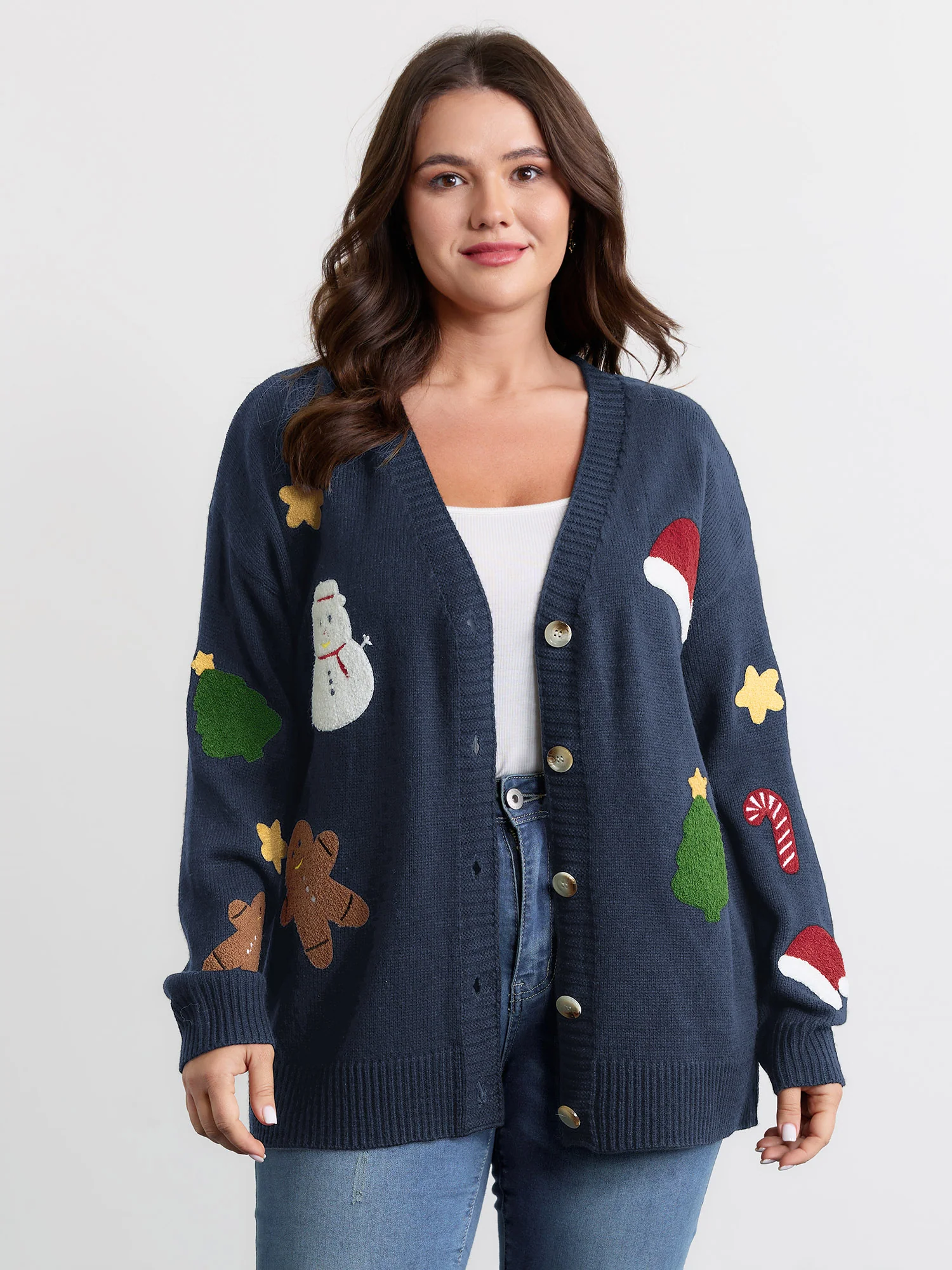 Gingerbread Santa Embroidery Knit Cardigan - Image 15