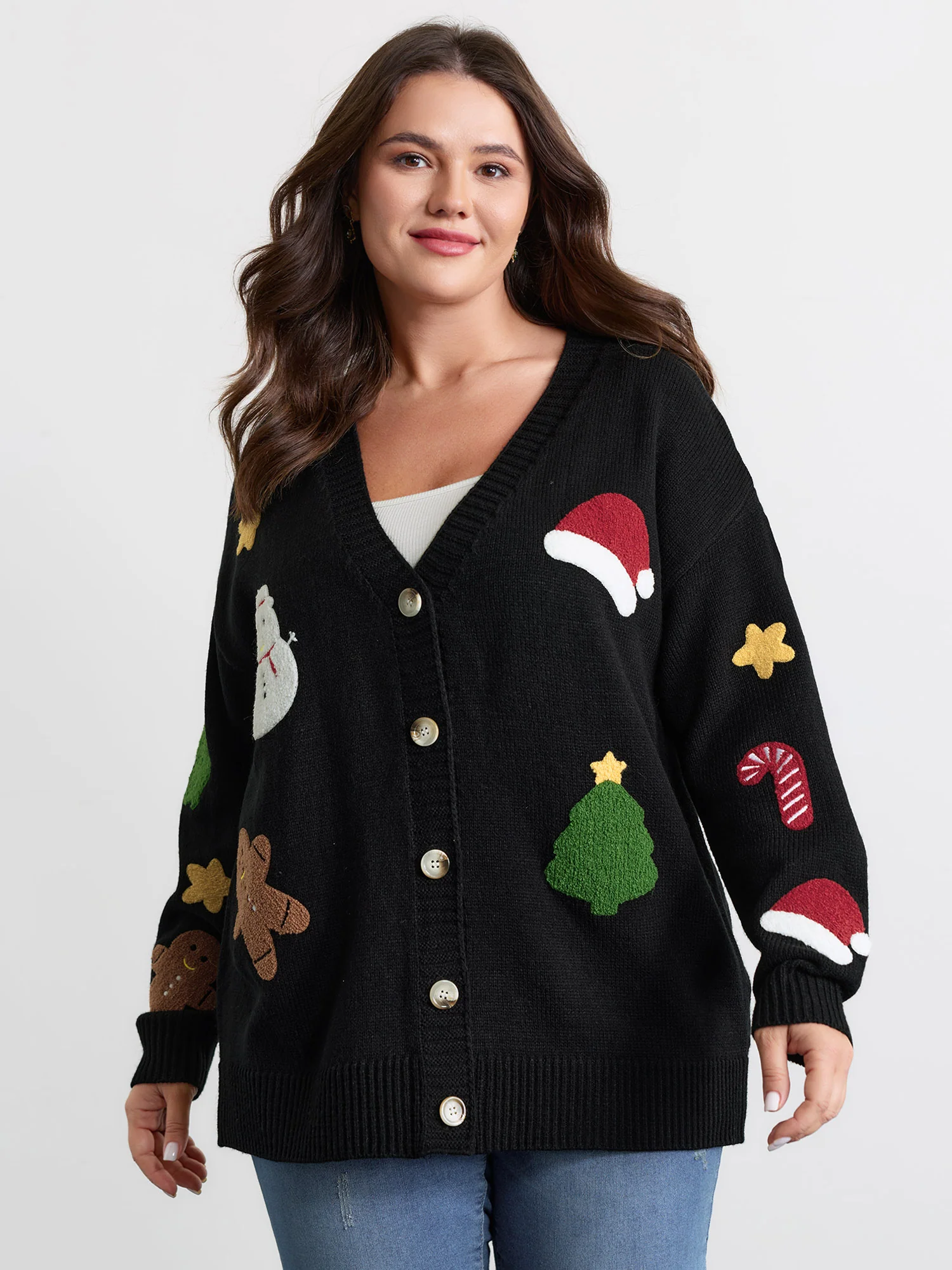 Gingerbread Santa Embroidery Knit Cardigan - Image 4