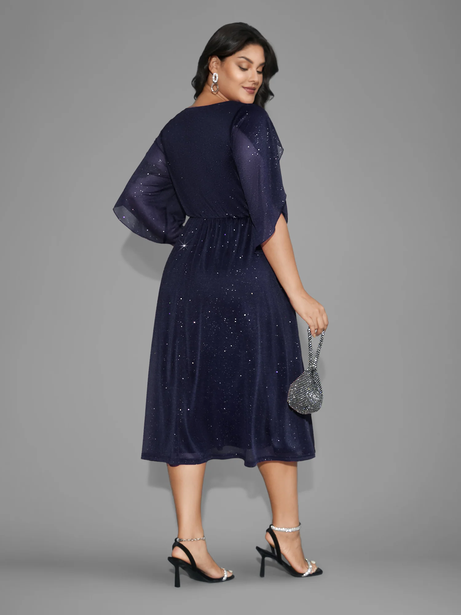 Glitter Mesh Petal Sleeve Midi Dress - Image 5