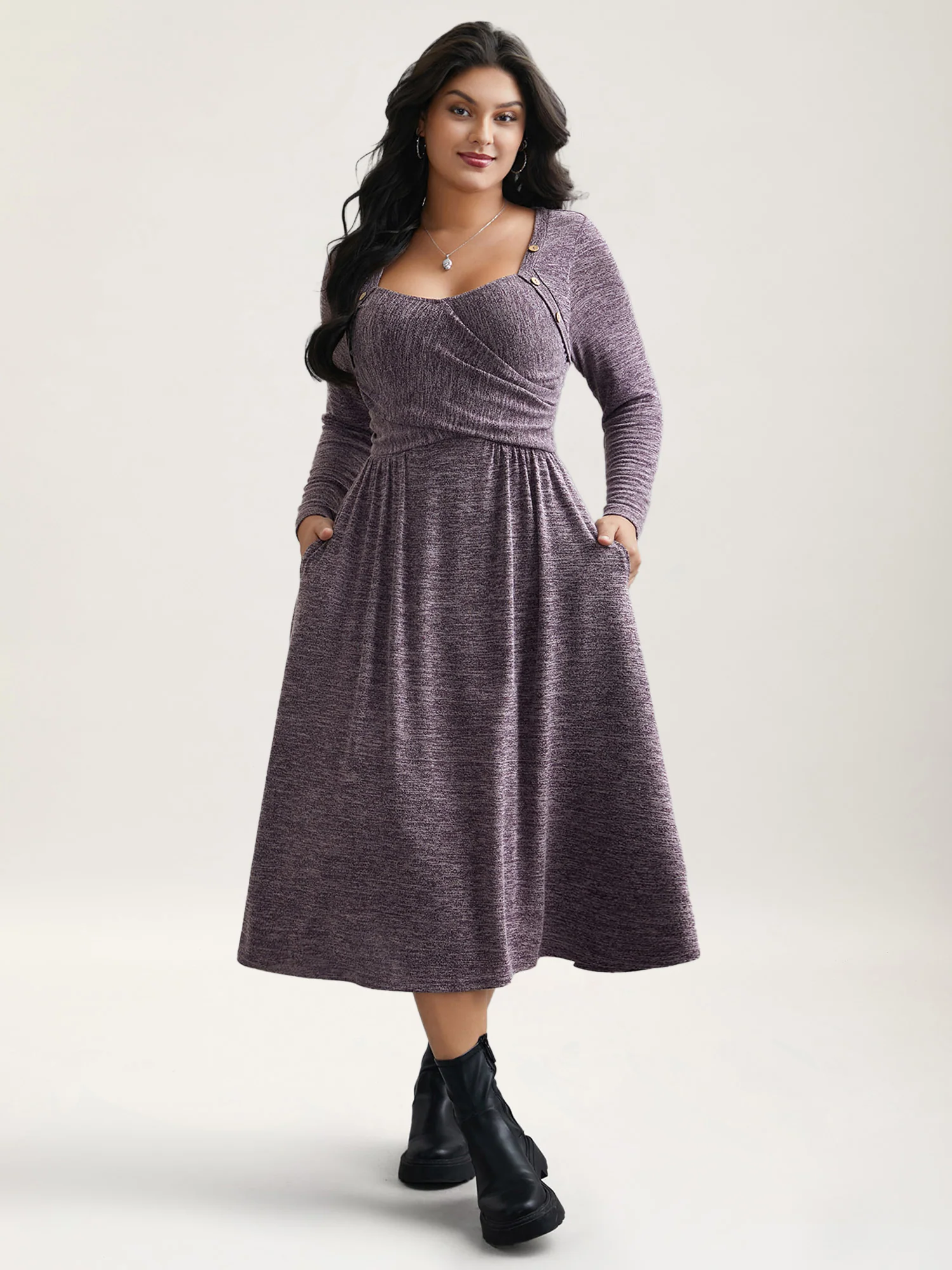 Heart Neckline Button Detailing Crossover Fit Dress - Image 3