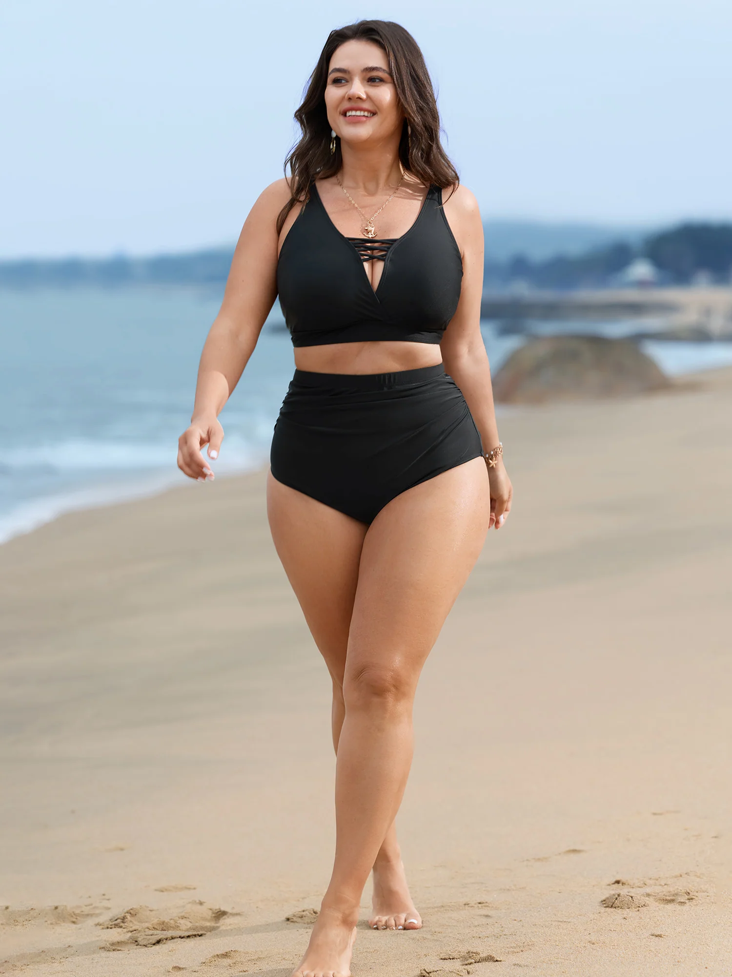 High Rise Ruched Plain Swim Bottoms - Image 5