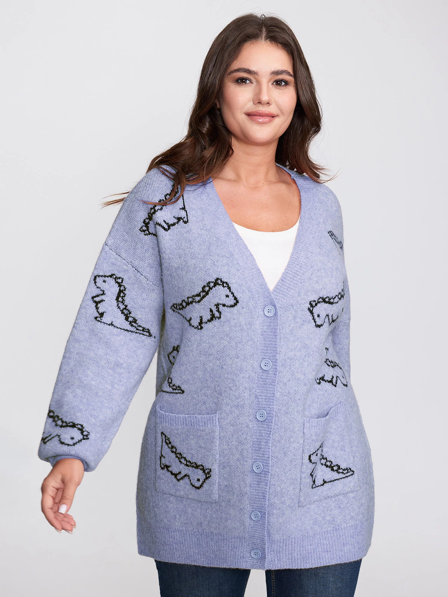 Jacquard Dinosaur Print Knit Cardigan - Image 7