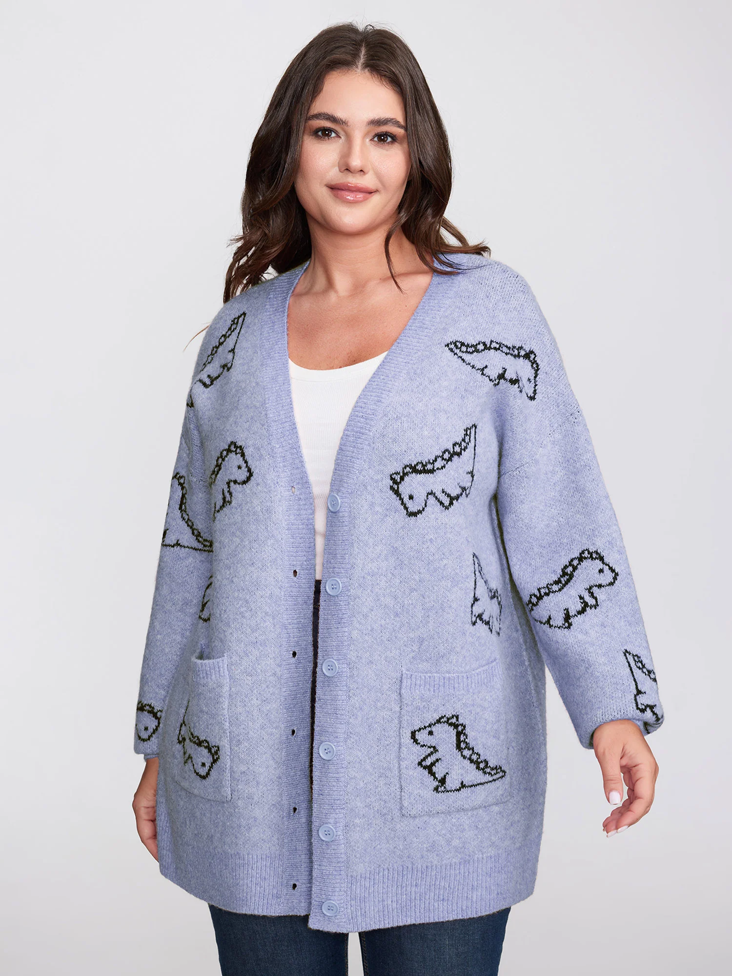 Jacquard Dinosaur Print Knit Cardigan - Image 8