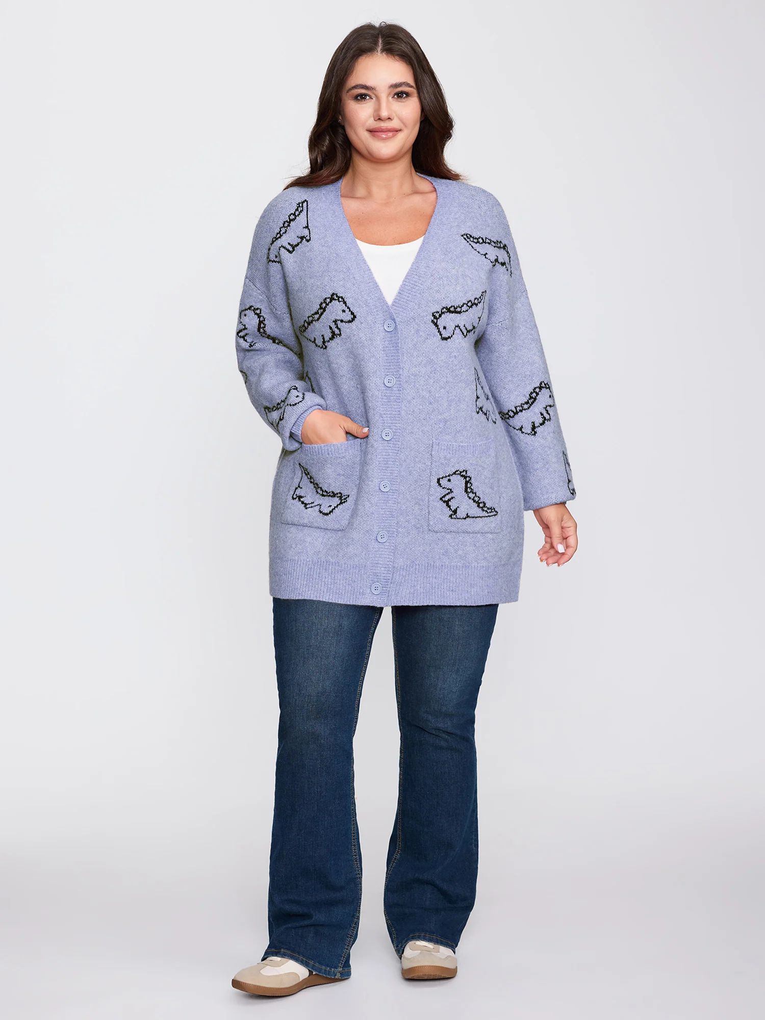 Jacquard Dinosaur Print Knit Cardigan - Image 9