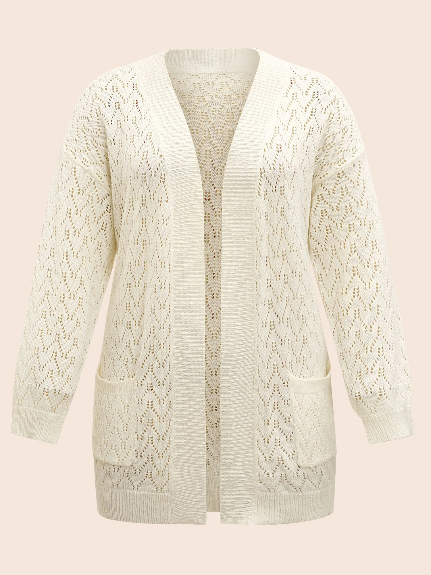 Kimono Collar Patch Pocket Pointelle Knit Cardigan - Image 8