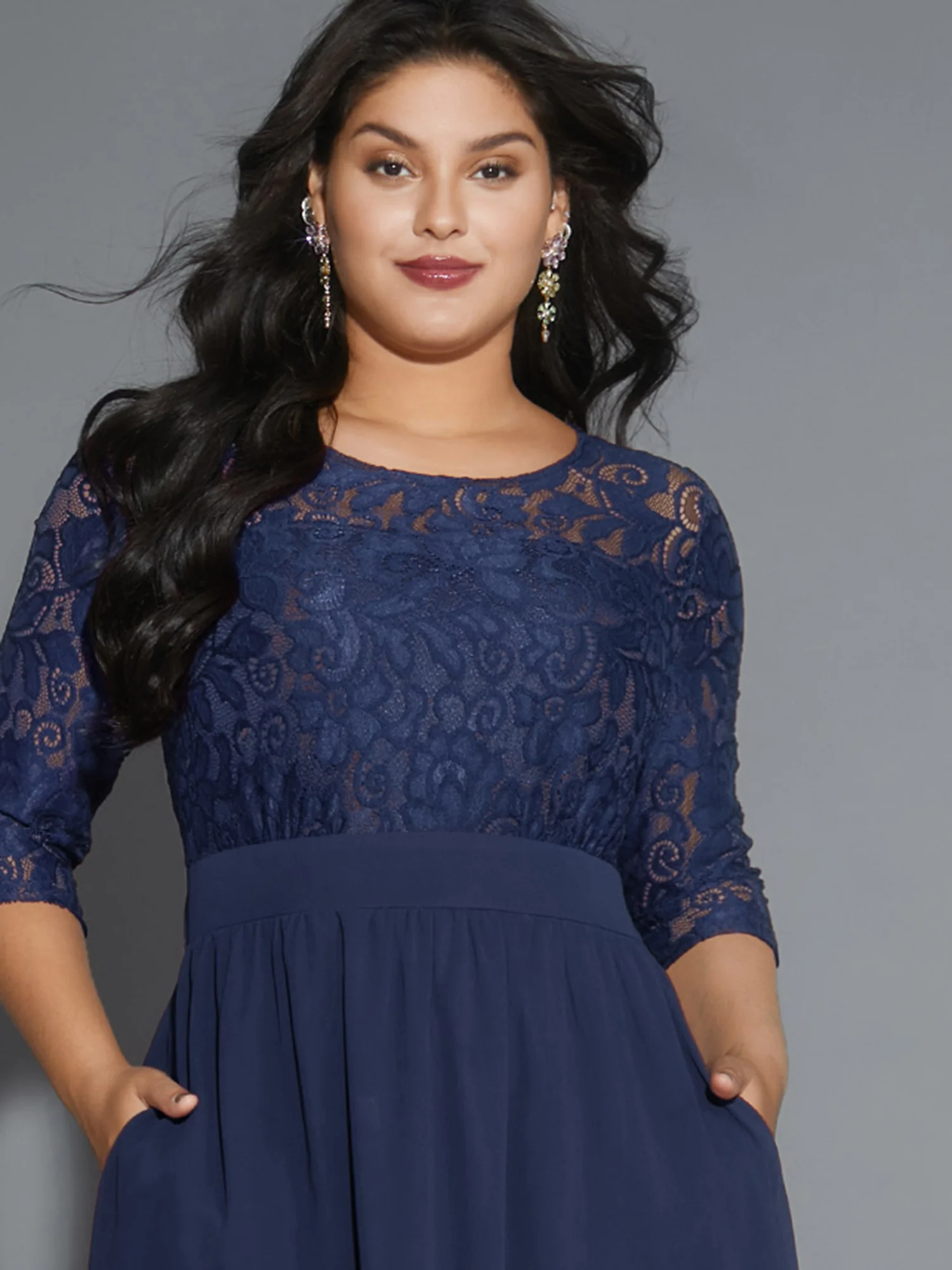 Lace Patchwork Shirred Midi Pocket Dress - Image 11