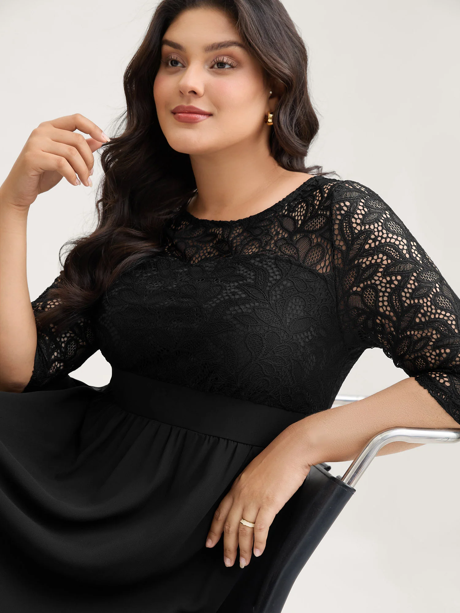 Lace Patchwork Shirred Midi Pocket Dress - Image 12