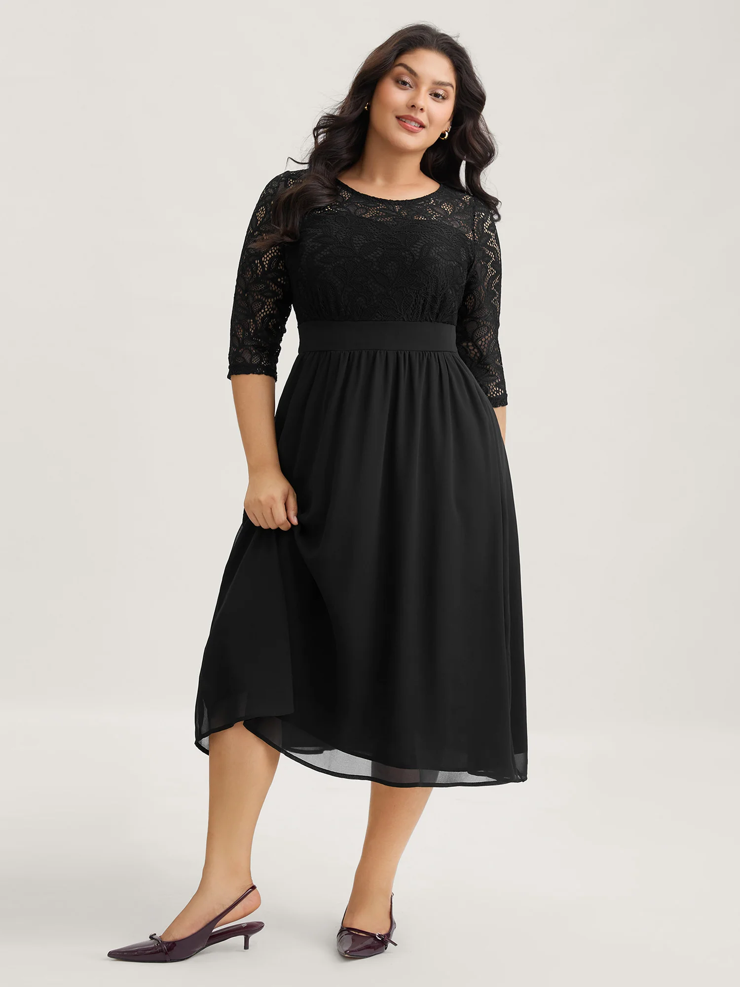 Lace Patchwork Shirred Midi Pocket Dress - Image 13