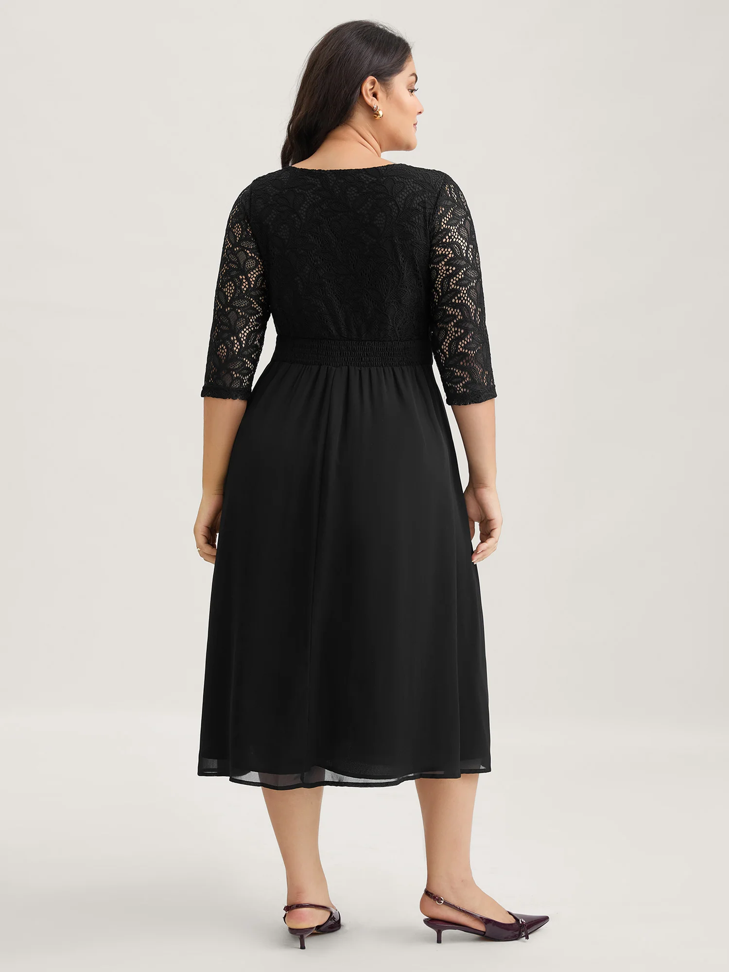 Lace Patchwork Shirred Midi Pocket Dress - Image 16